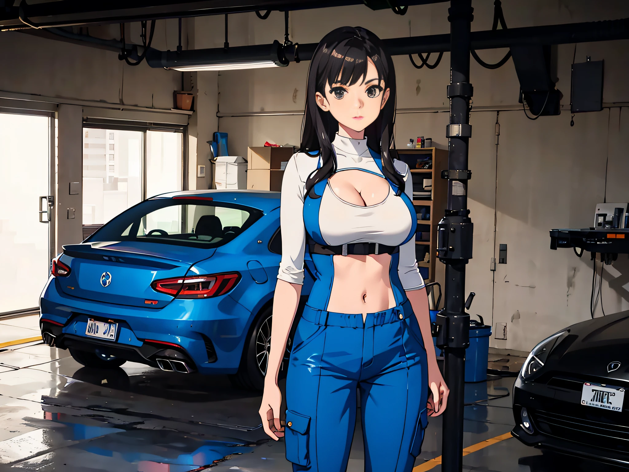1girll,Solo,Zero, Slender, big breasts beautiful, Young, Little woman, Coveralls,a repairman,tightsuit, underdressing,pantiess,navel,cleavage,Large breasts,The Car,Garage,Garage