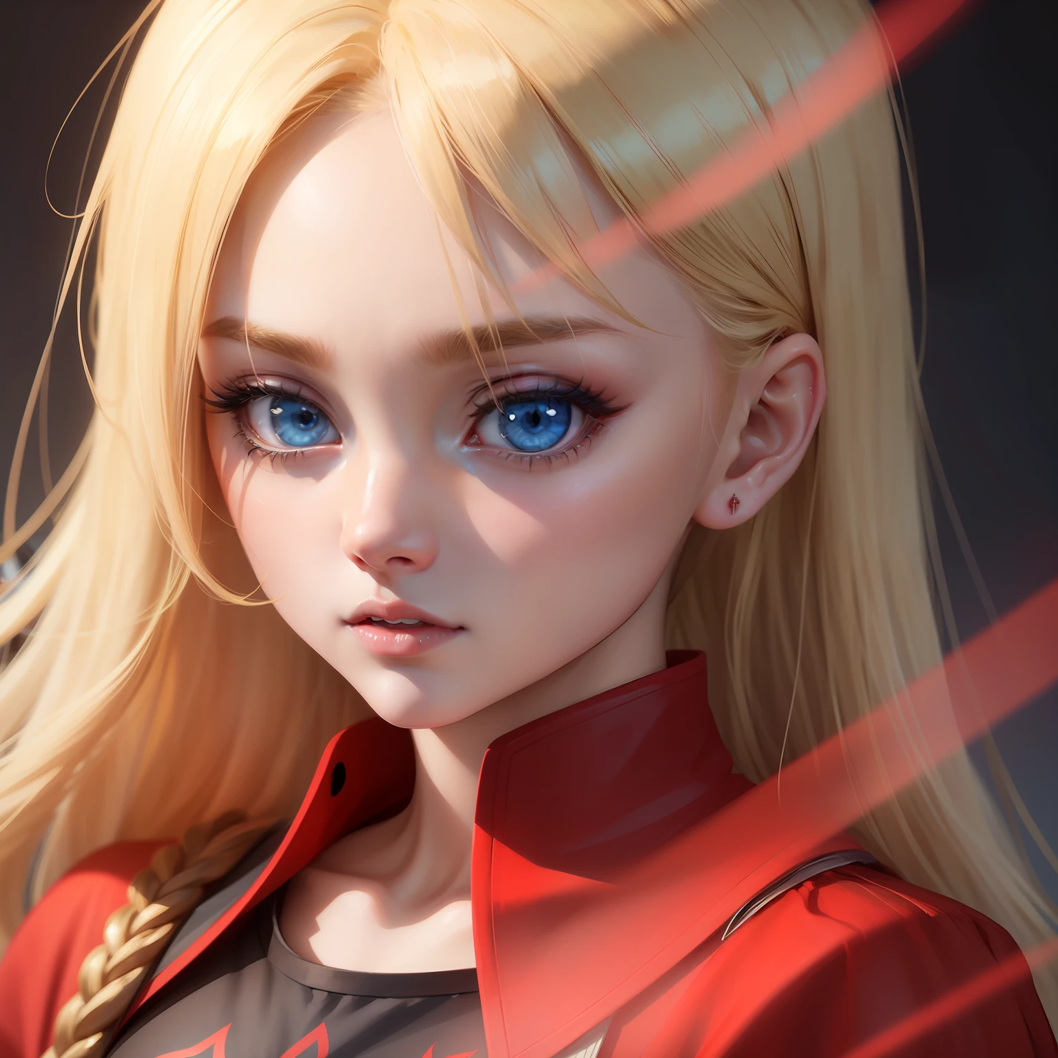 blond woman with blue eyes and red shirt posing for a picture, blonde hair and large eyes, portrait of kim petras, photo of the girl, low quality photograph, 8k selfie photograph, red contacts, with glowing red eyes, 🤤 girl portrait, a girl with blonde hair, china doll face, she is about 1 , very very low quality picture