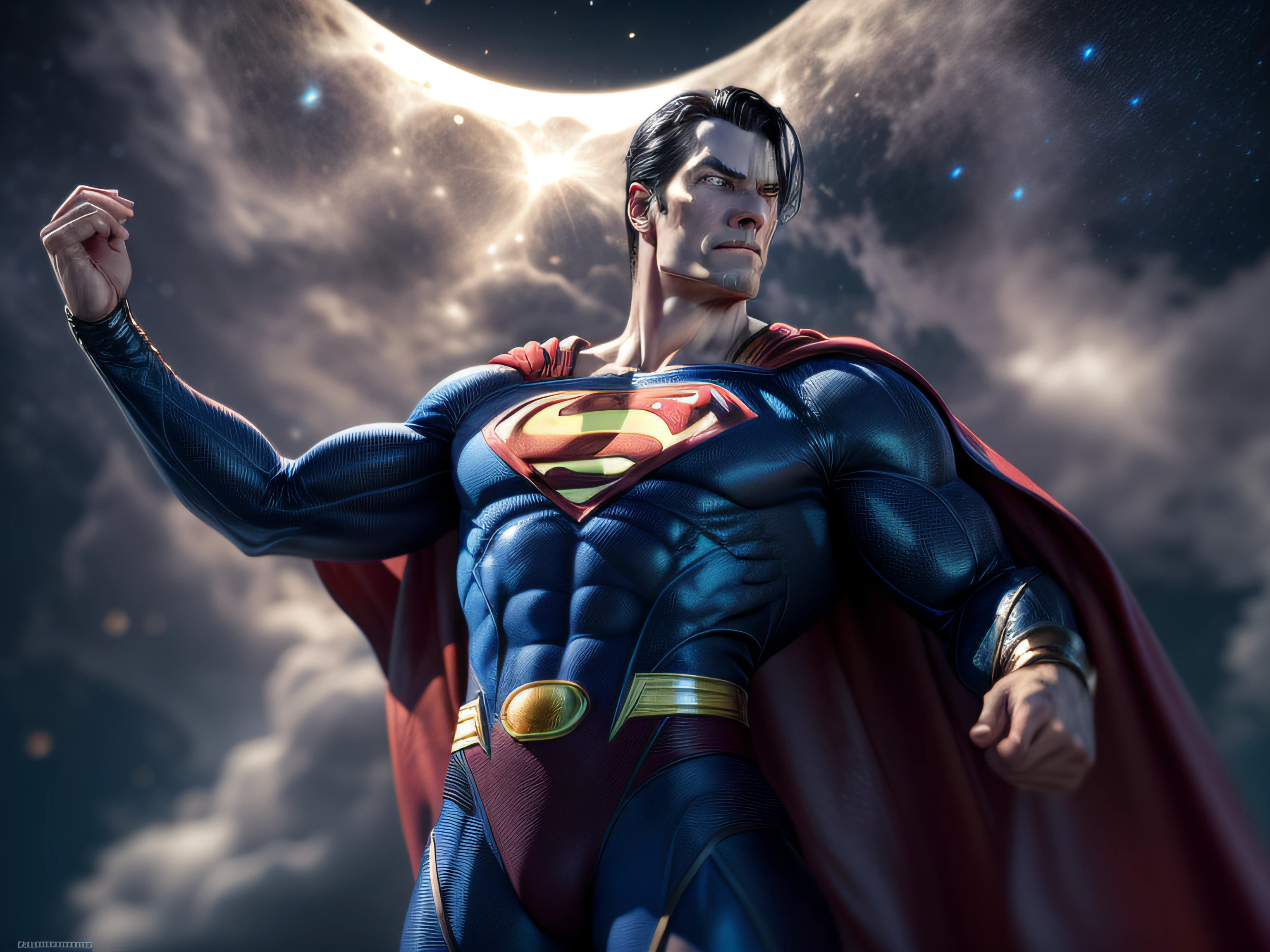 Close up on a menacingly powerful, stately-looking Superman, menacing stare, ricamente detalhado, hiperrealista, 3d render, obra-prima, NVIDIA, RTX, ray-traced, bokeh, night sky with a huge and beautiful full moon, estrelas brilhando,