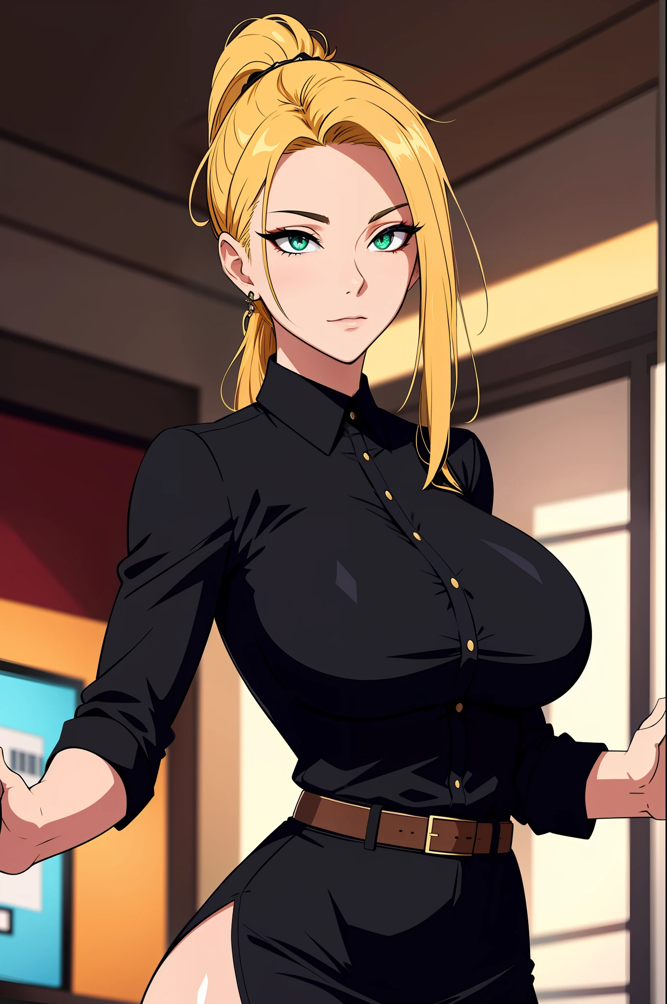 (tmasterpiece,A high resolution,best qualtiy:1.2),8K,highly detailed,复杂,rich colourful,vibrant image,Clear focus,cinematic ligh) blond hairbl,long whitr hair,Green eyes,body builder (Wear black business attire,black_Collared shirt cropped jacket,tiese,tiese,Black frilled skirt,a garter belt,Leather belt) (Large, Perfect round breasts,Hourglass body,Big breasts Thin waist,Very thin waist, photograph realistic,(hyper realisitc:1)big breasts beautiful, tmasterpiece,Best quality at best,extremelydetailedface,s the perfect face,beauitful face,Perfect lighting,Detailed eye makeup,Details of the face,Nice detail eyes,pretty hand,perfect hand,glowing light eyes(realistic pupil,Realistic iris:1)Heavy eye makeup,(empty Casino)(Posing dynamically)High ponytail