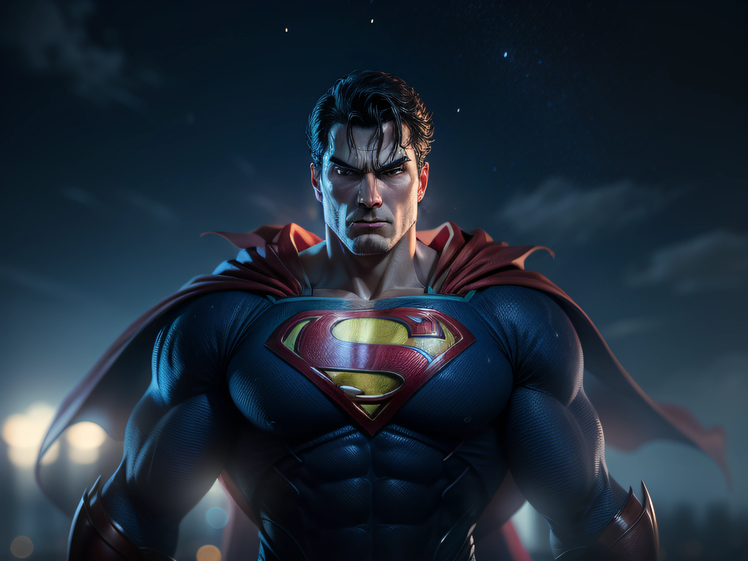 Close up on a menacingly powerful, stately-looking Superman, menacing stare, ricamente detalhado, hiperrealista, 3d render, obra-prima, NVIDIA, RTX, ray-traced, bokeh, night sky with a huge and beautiful full moon, estrelas brilhando,