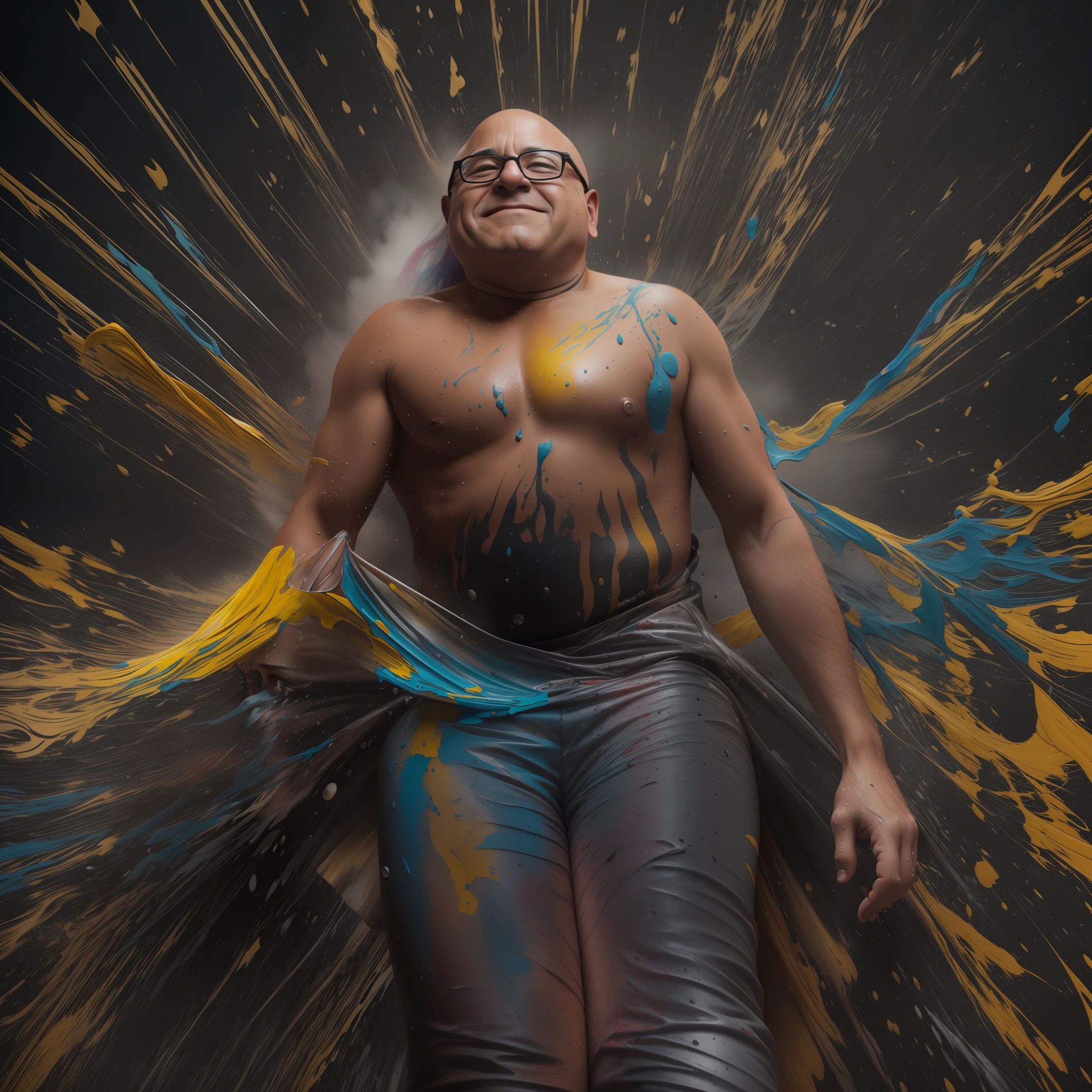 Danny Devito sliding down a liquid rainbow, full body shot, Best quality, masterpiece, ultra high res, raw photo, Paint rain, thick Paint rainbow hair, covered with paint, calm facial expression, relaxed, gentle smile, paint as clothing, relaxed face, relaxed shoulders, dynamic pose, liquid details, black background, no background, no frame, thick paint splatter, extreme detail, 3d, 8k, details, paint splatter on the face, voluminous hair but still long but bald on the top, raining paint. By Joshua Holford Photography Award Winning Detail and Flare 8k fz80