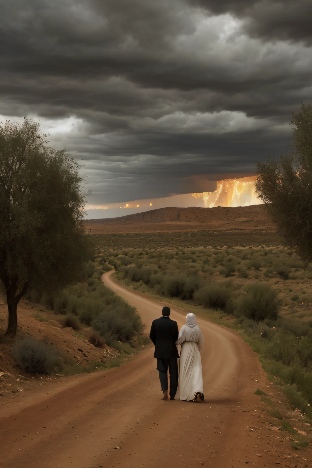 A young moroccan traditional couple facing hard country road with scarry weather and fire on country side, trees and river and dark clouds