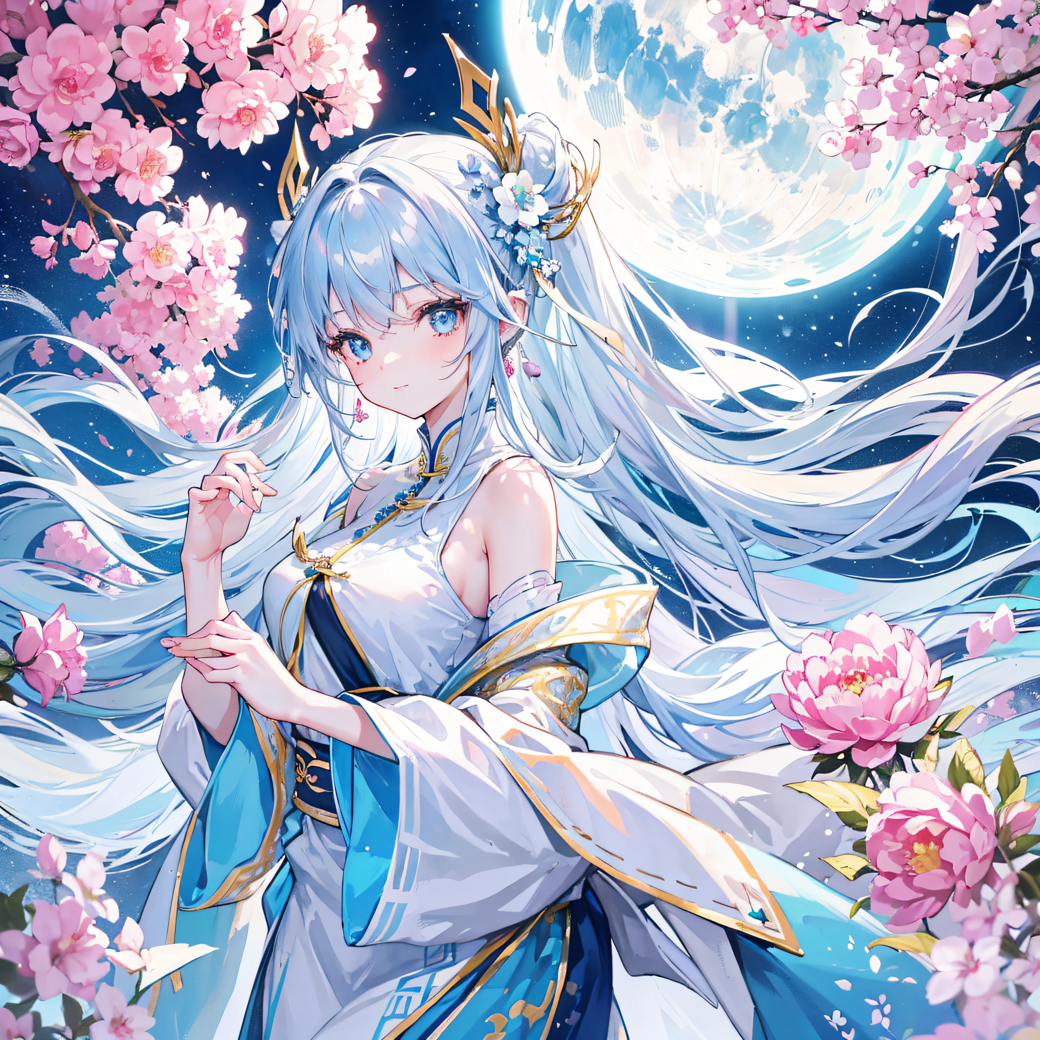 (tmasterpiece:1.4),(best qualtiy:1.4),(Very cute girl,Super detailed face,Light blue eyes,Long silver gradient hair:1.4,Colorful hair ends),Lovely Medium Breast, (upperbody closeup,ssmile,Keep one's mouth shut), llight rays, Bokeh, super-fine,Delicate and prosperous peony hairpins,golden hair accessory,Pearl earrings,Light blue robe Hanfu,The costumes are bustling and complex,silkouette