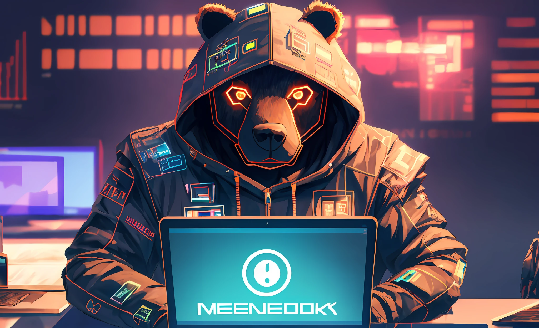 um hacker urso ( animal), usando roupas, cyberpunk, mexendo em um notebook, with the chart indicators screen pointing upwards, with multiple laptops connected. Ultra realista, 8k --auto --s2