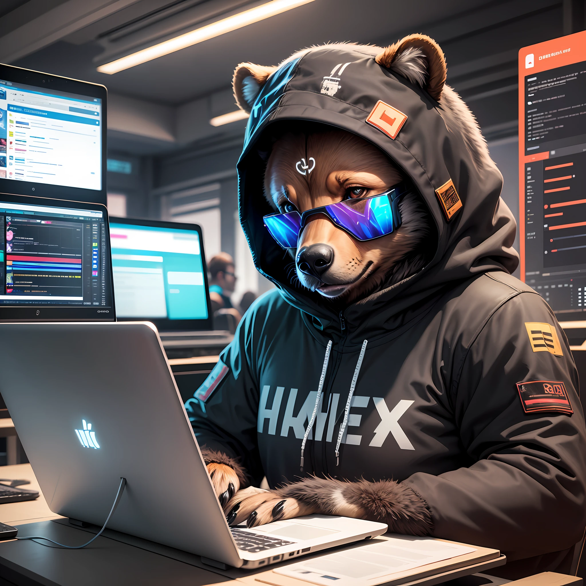 um hacker urso ( animal), usando roupas, cyberpunk,  mexendo em um notebook, with the chart indicators screen pointing upwards, with multiple laptops connected. Ultra realista, 8k --auto --s2