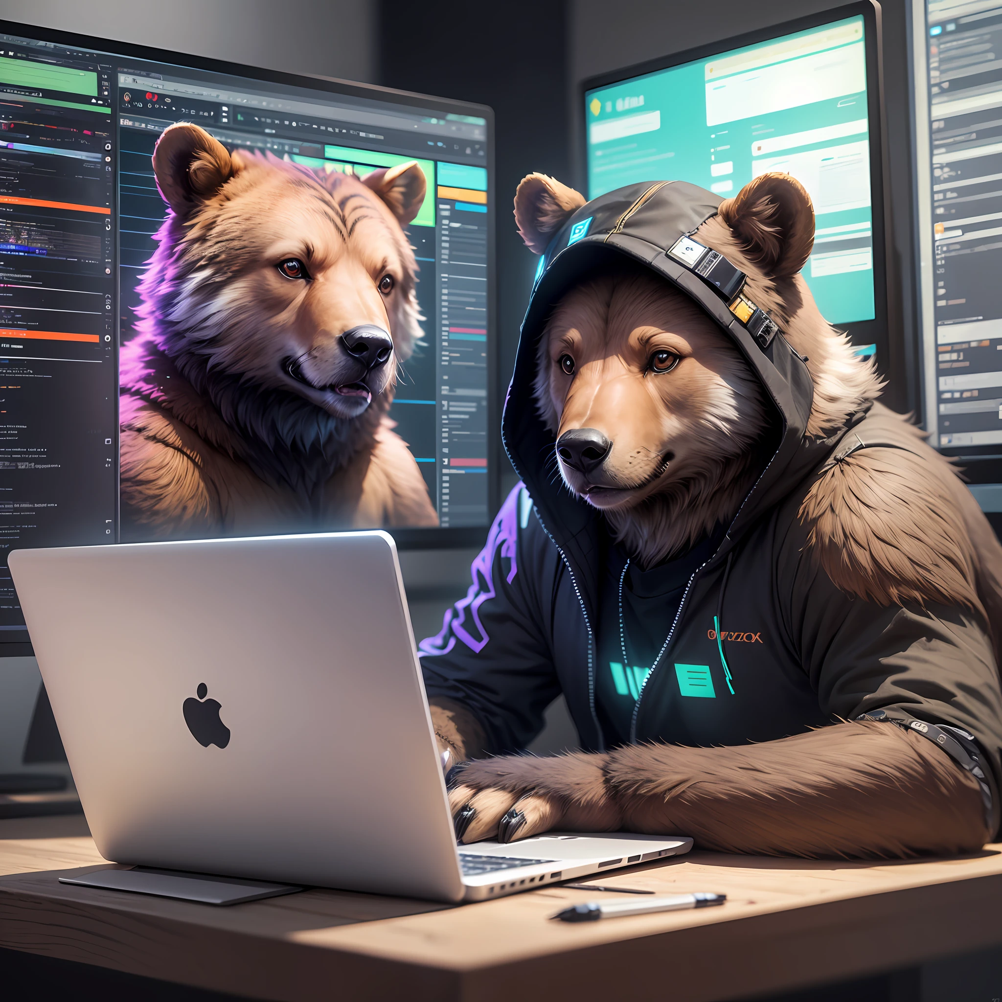 um hacker urso ( animal), usando roupas, cyberpunk, mexendo em um notebook, with the chart indicators screen pointing upwards, with multiple laptops connected. Ultra realista, 8k --auto --s2