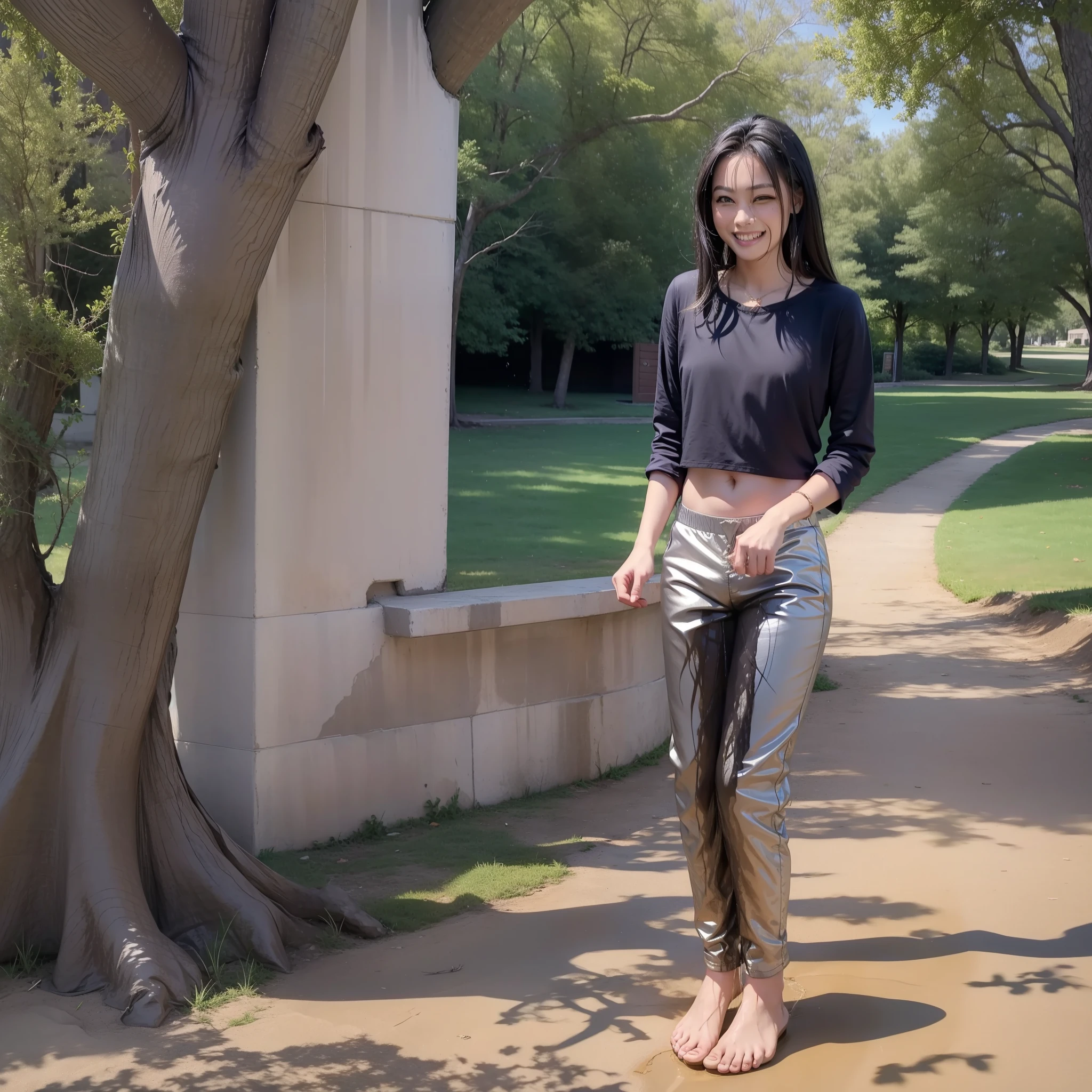 The girl is soaked in silver satin pants, Abundantly, standing in a deserted park early in the morning, smiles and enjoys, in his pants, He looks at his feet and rejoices