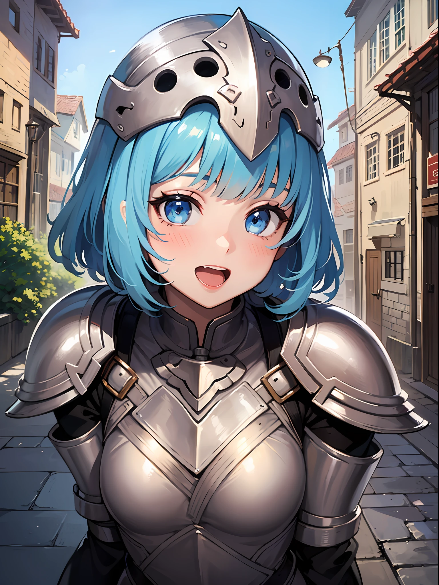 (masterpiece:1.3), (best quality:1.3), high resolution,
couboy shot,
leaning forward, body facing forward,
(one cute girl:1.3), solo,
white skin, small Breast, eight-headed person,
light blue hair, (bobbed hair:1.2), (short hair:1.2), (blunt bangs:1.2), beautiful hair, blue eyes, beautiful detailed eyes,
blush, open mouth, heart, cheerful smile,
knight, (sword:1.3), armor and helmet,
outdoors, medieval western town,
shadowlighting,