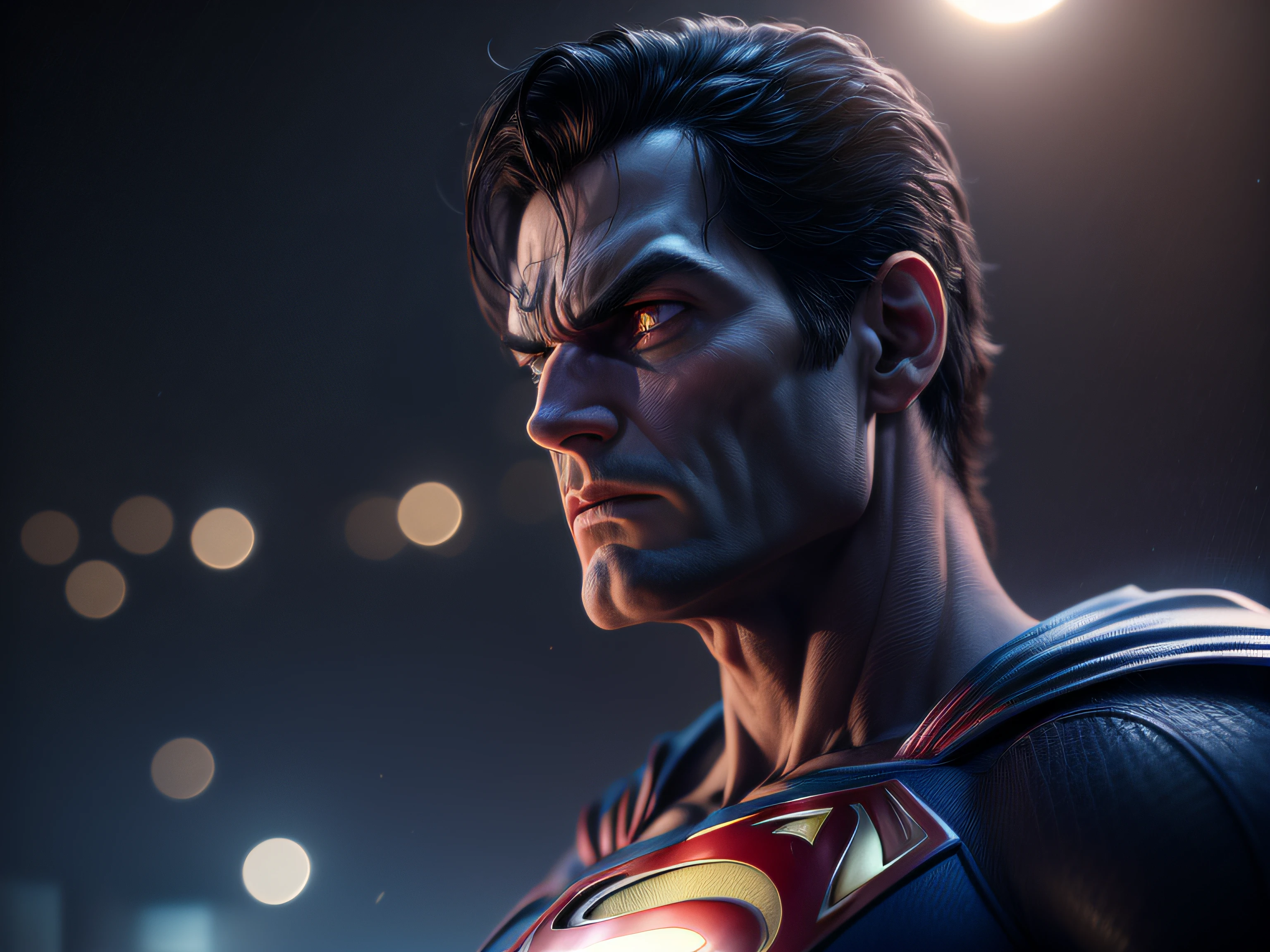 Close up on a menacingly powerful, stately-looking Superman, menacing stare, ricamente detalhado, hiperrealista, 3d render, obra-prima, NVIDIA, RTX, ray-traced, bokeh, night sky with a huge and beautiful full moon, estrelas brilhando,
