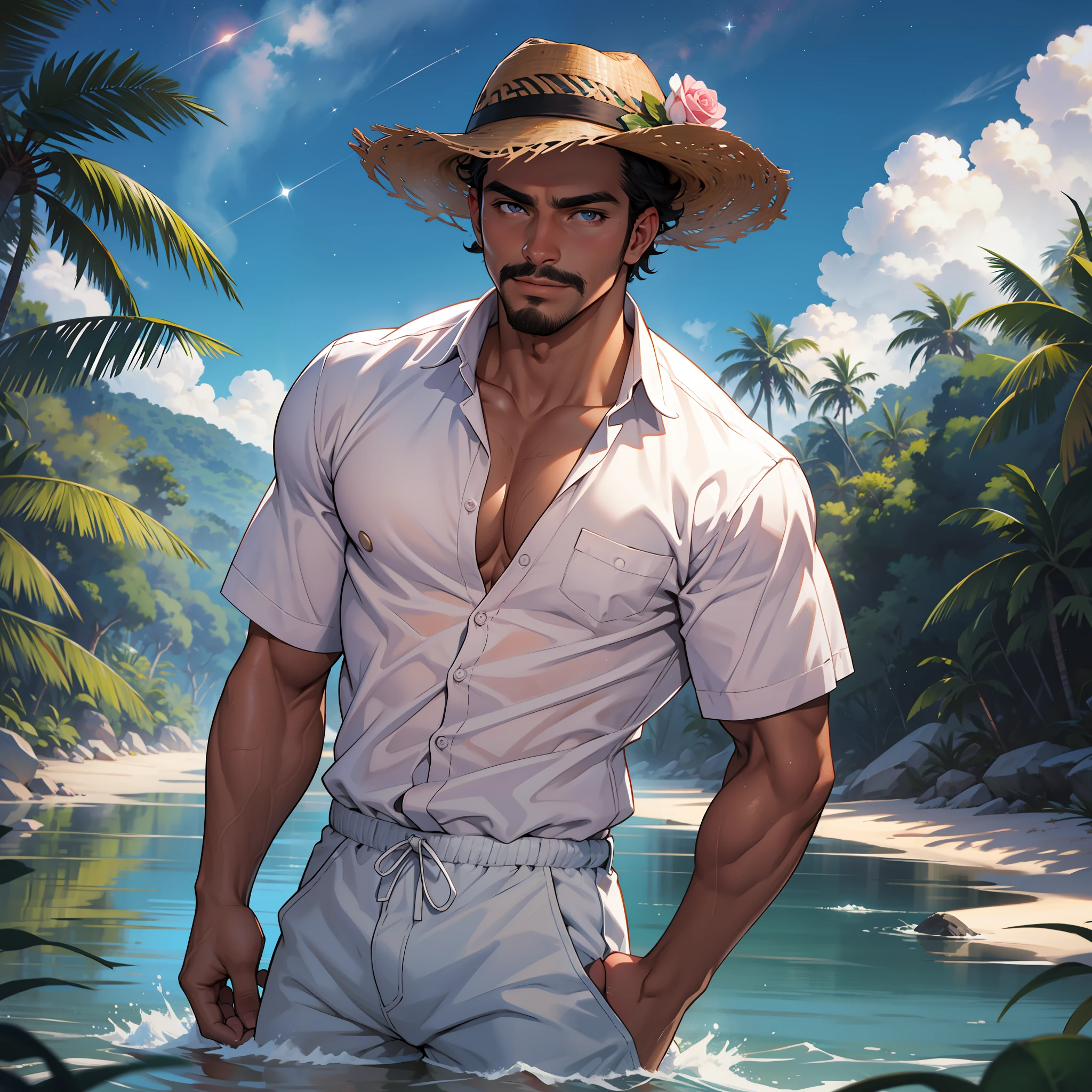 homem latino brasileiro, pele bronzeada , rosto muito bonito com olhos amarelos e bigode curto, wearing a pink and white hat, camisa rosa aberta, peito grande , white pant, cinto rosa, coming out of a river in the middle of the Amazon , uma noite estrelada, uma enorme lua cheia ao fundo, many stars in the sky