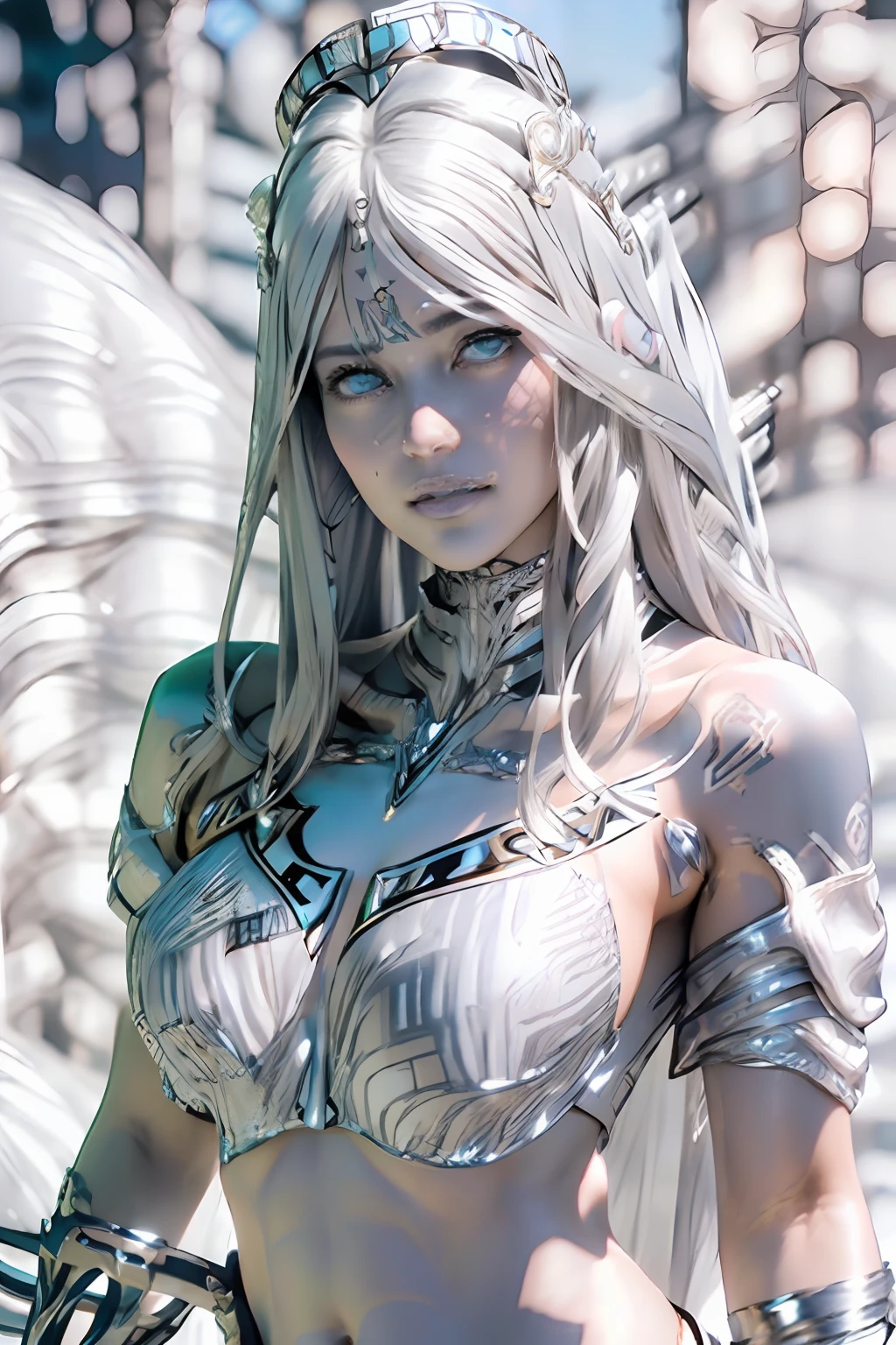 Ultra-detailed complex 3D rendering of the face, (masterpiece, top quality, octane rendering,), glamour shots full body image, very beautiful young elves, cleavage, (highly detailed skin: 1.2), (exposure: 1.1), ((blue micro bikini: 1.95)))). , 8k, (((very soft breasts)), (((conspicuous large pink areola)), beautiful Caucasian woman with white skin with full soft breasts with big buttocks, one, long braided hair, big breasts, dynamic angles, (((huge breasts: 2.4)), ultra-realistic photos, ((((((silver hair)))), futuristic urban background, facial muscles, (((((detailed and glamorous silver crown)))), In the style of Marvel Comics, ArtStation Trends, Clear Focus, Intricate Details, Very Detailed, Detailed Green Eyes, Sharp Focus, Digital Rendering, Professional, Abs, Lip Gloss, Glossy Skin, Sexy Pose, Golden Tattoo All Over Body, Silver Pattern All Over Body, Silver Lame Skin, Gold Glitter Skin, Mansuji, Buttocks, Jeweled All Over the Body, with silver scales, silver hair,