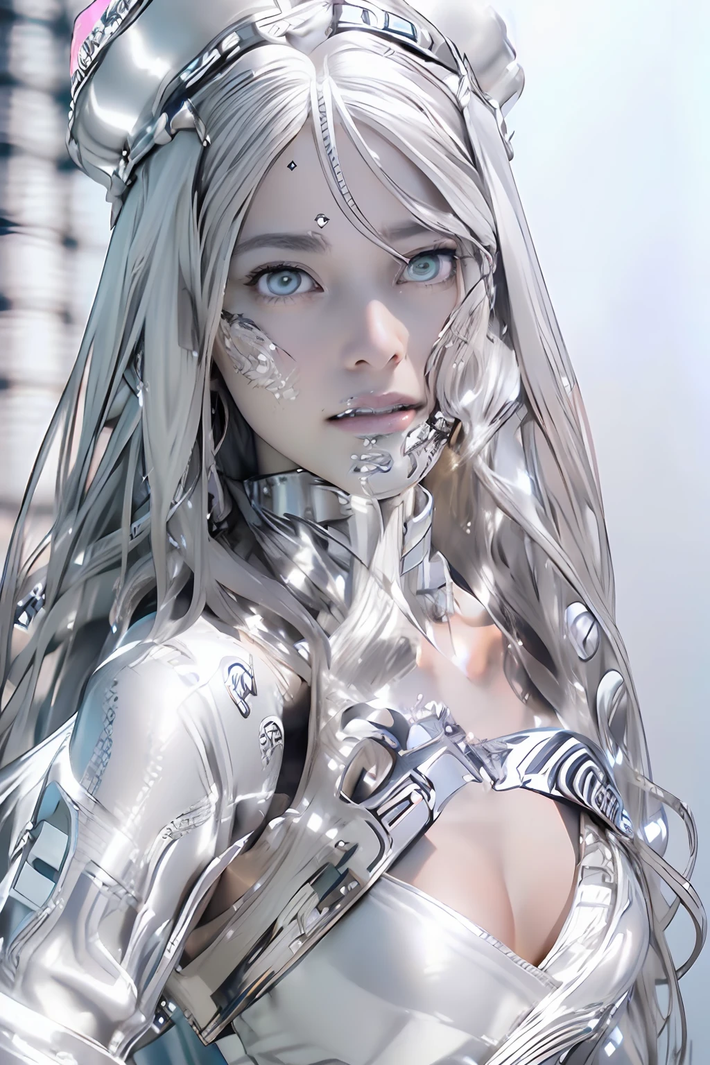 Ultra-detailed complex 3D rendering of the face, (masterpiece, top quality, octane rendering,), glamour shots full body image, very beautiful young elves, cleavage, (highly detailed skin: 1.2), (exposure: 1.1), ((blue micro bikini: 1.95)))). , 8k, (((very soft breasts)), (((conspicuous large pink areola)), beautiful Caucasian woman with white skin with full soft breasts with big buttocks, one, long braided hair, big breasts, dynamic angles, (((huge breasts: 2.4)), ultra-realistic photos, ((((((silver hair)))), futuristic urban background, facial muscles, (((((detailed and glamorous silver crown)))), In the style of Marvel Comics, ArtStation Trends, Clear Focus, Intricate Details, Very Detailed, Detailed Green Eyes, Sharp Focus, Digital Rendering, Professional, Abs, Lip Gloss, Glossy Skin, Sexy Pose, Golden Tattoo All Over Body, Silver Pattern All Over Body, Silver Lame Skin, Gold Glitter Skin, Mansuji, Buttocks, Jeweled All Over the Body, with silver scales, silver hair,