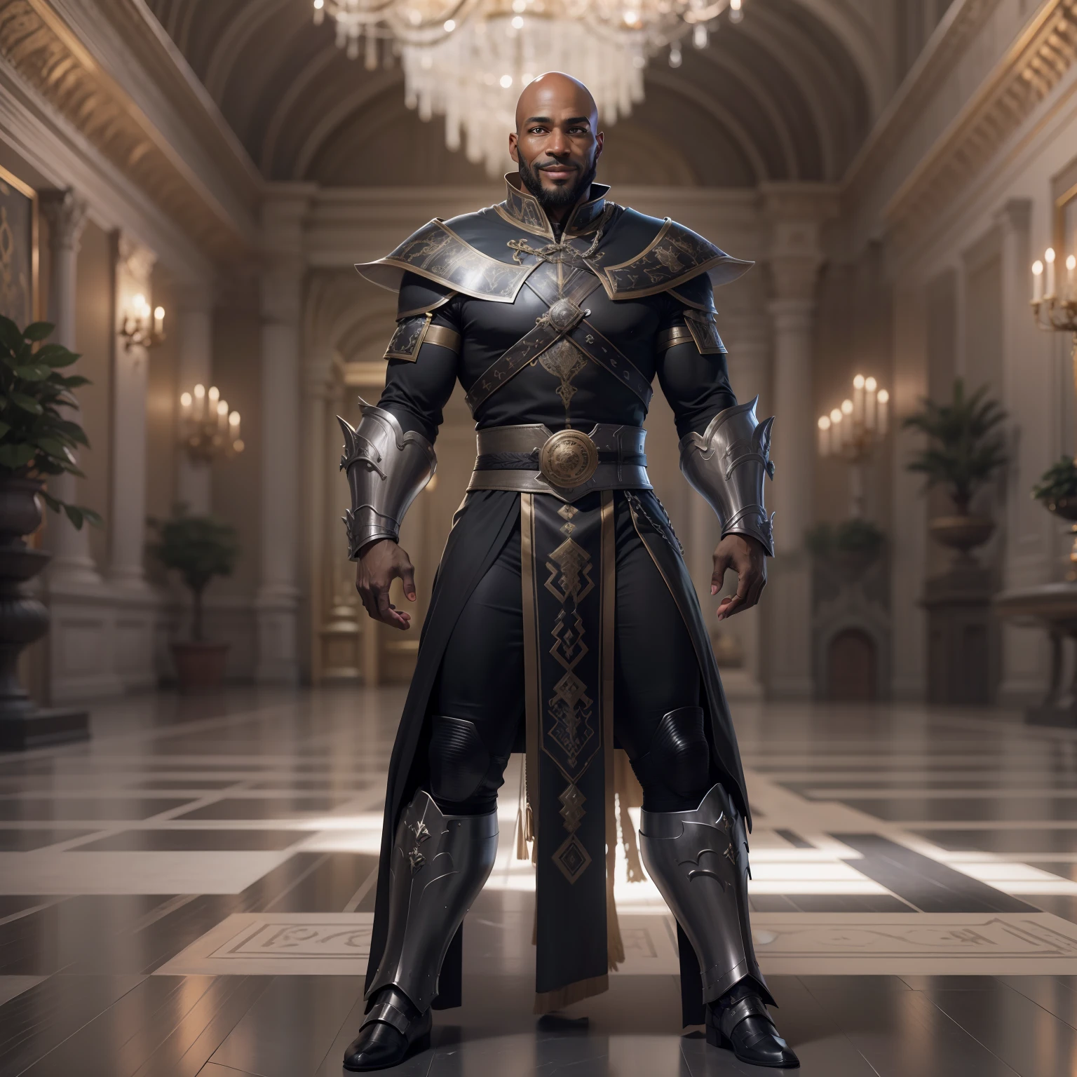 realistic image of a bald black man, 40 years old, tall and strong, ultra-detailed black eyes, giving a nervous smile, dressed in black RPG warrior costume and with silver shoulder pads, standing in a large hall of a royal palace