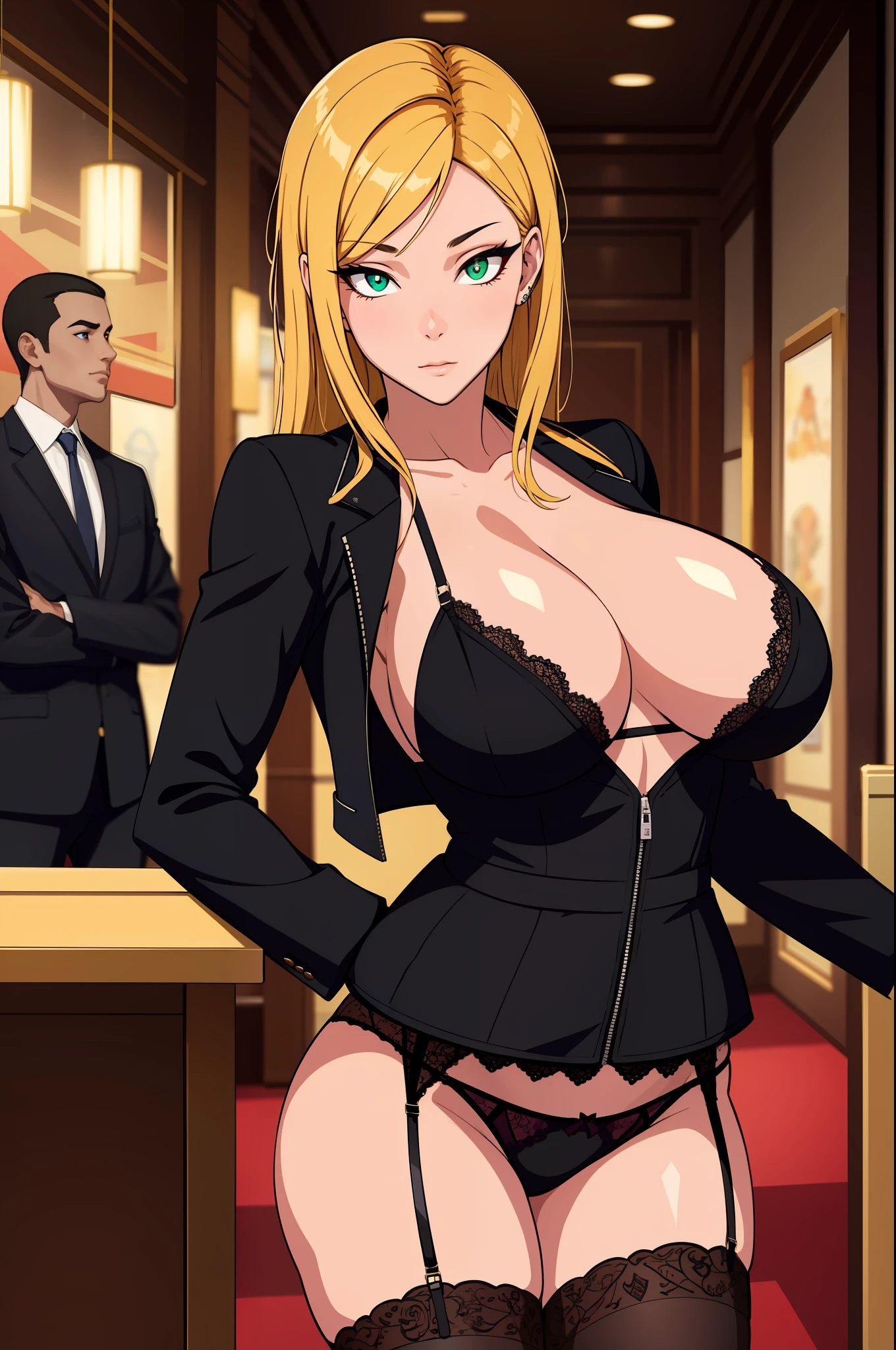 (tmasterpiece,A high resolution,best qualtiy:1.2),8K,highly detailed,复杂,rich colourful,vibrant image,Clear focus,cinematic ligh) blond hairbl,long whitr hair,Green eyes,body builder (Wear black business attire,black_Collared shirt cropped jacket,tiese,tiese,Black frilled skirt,a garter belt,Leather belt) (Large, Perfect round breasts,Hourglass body,Big breasts Thin waist,Very thin waist, photograph realistic,(hyper realisitc:1)big breasts beautiful, tmasterpiece,Best quality at best,extremelydetailedface,s the perfect face,beauitful face,Perfect lighting,Detailed eye makeup,Details of the face,Nice detail eyes,pretty hand,perfect hand,glowing light eyes(realistic pupil,Realistic iris:1)Heavy eye makeup,(empty Casino)(Posing dynamically)Panties, underwear, Suspenders,bralette