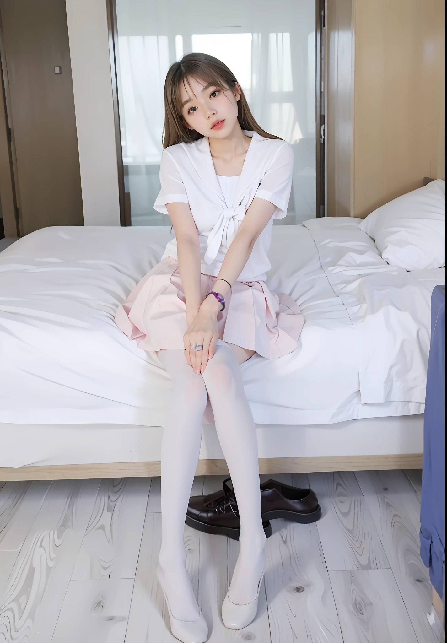 There is a woman sitting on the bed having，legs crossed, japanese girl school uniform, wearing a Japanese school uniform, smooth white tight clothes suit, cute female student, of a schoolgirl posing, Full length and white stockings, Anime girl cosplay, Japanese school uniform, Surrealism female students, young and cute girl, Sitting on the bed, sit on a bed