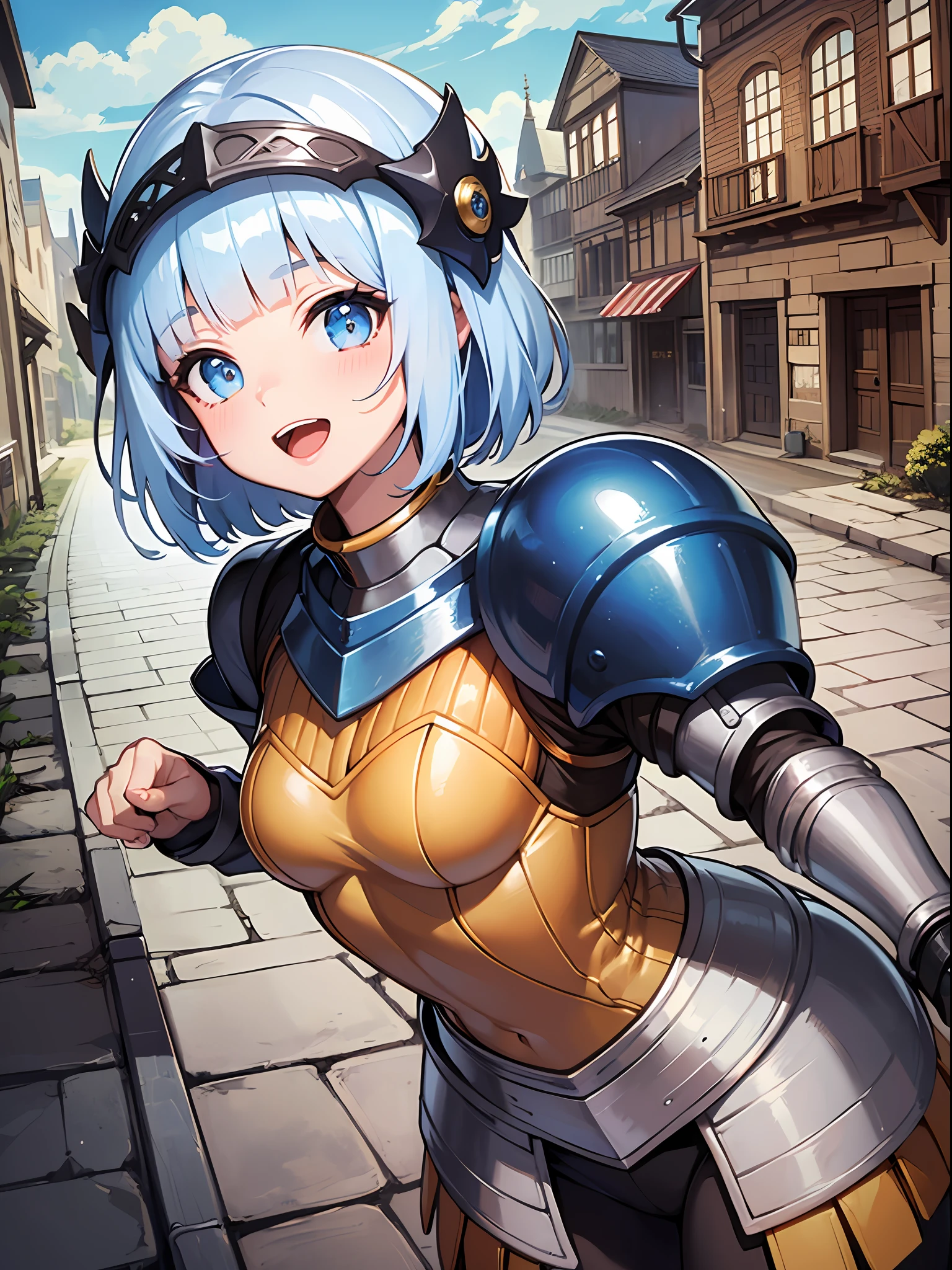 (masterpiece:1.3), (best quality:1.3), high resolution,
couboy shot,
leaning forward, body facing forward,
(one cute girl:1.3), solo,
white skin, small Breast, eight-headed person,
light blue hair, (bobbed hair:1.2), (short hair:1.2), (blunt bangs:1.2), beautiful hair, blue eyes, beautiful detailed eyes,
blush, open mouth, heart, cheerful smile,
knight, (sword:1.3), armor and helmet,
outdoors, medieval western town,
shadowlighting,