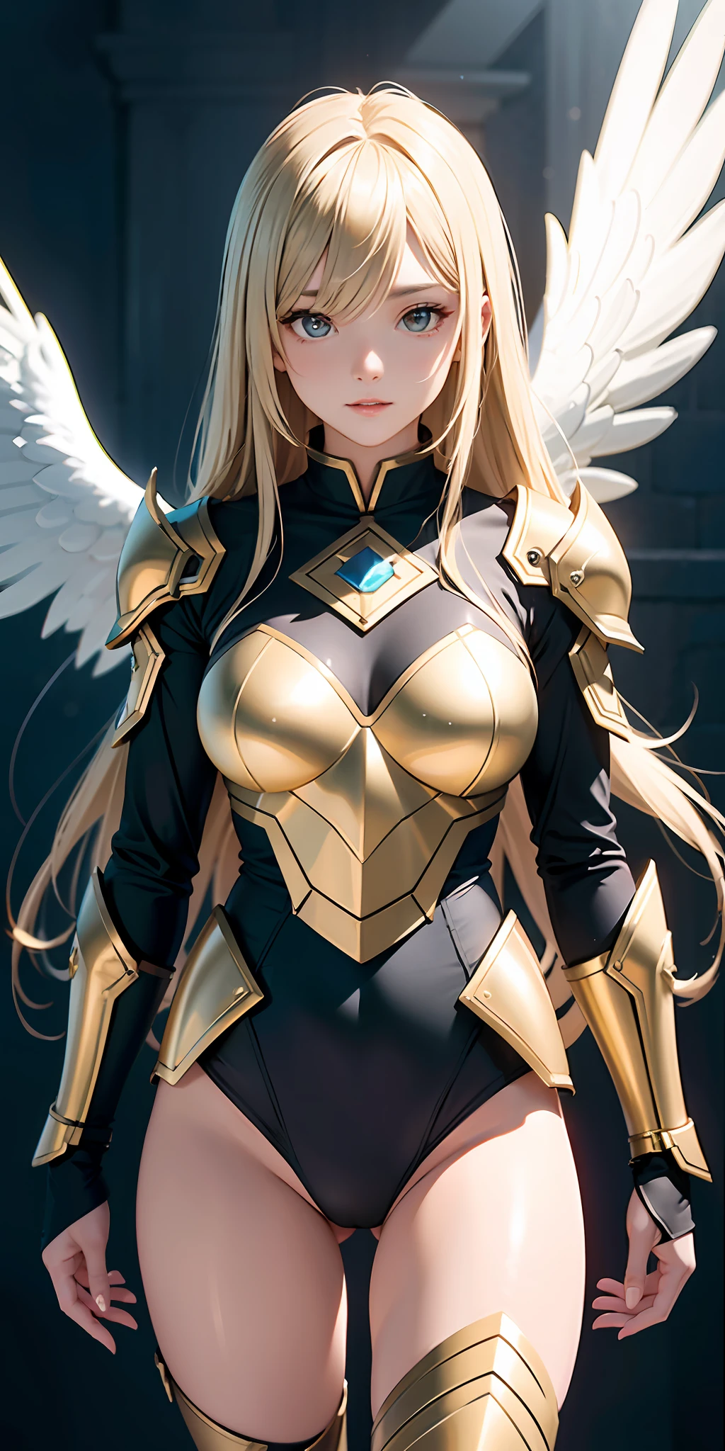 An angel warrior,((Dark gold armor,metallic luster)),high detal,(beautifulface),Perfect facial features,golden hair,Golden Great Sword,apathy、Aloof、On the high horse,atmospurate、Macro,Realistis,HDR(HighDynamicRange)、Ray traching、NVIDIA RTX、Hyper-Resolution、illusory 5、sub surface scattering、post-proces、Anisotropy Filtering、depth of fields、maximum definition and sharpness,Albedo and Specular maps、Surface shading、Accurately simulate light-material interactions、perfectly proportions、Octane Render、twotonelighting、largeaperture、Low ISO、White balance、the rule of thirds、8K RAW、High efficiency sub-pixels,sub-pixel convolution,
