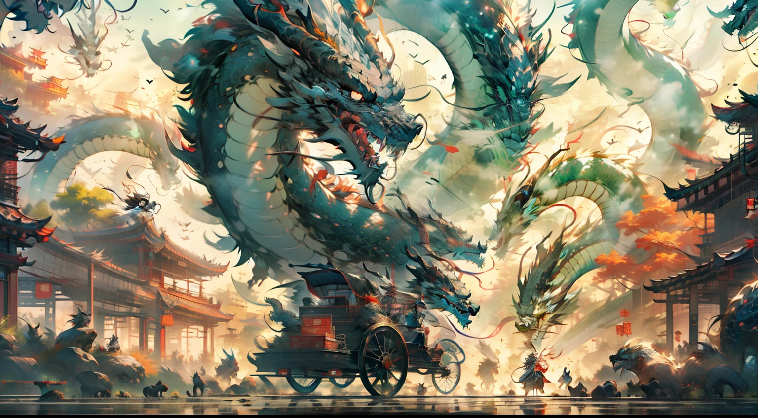 (No Man,Nine Chinese black dragons flew through the air,Behind a gorgeous carriage) (Add a little background: In the void),chinesedragon