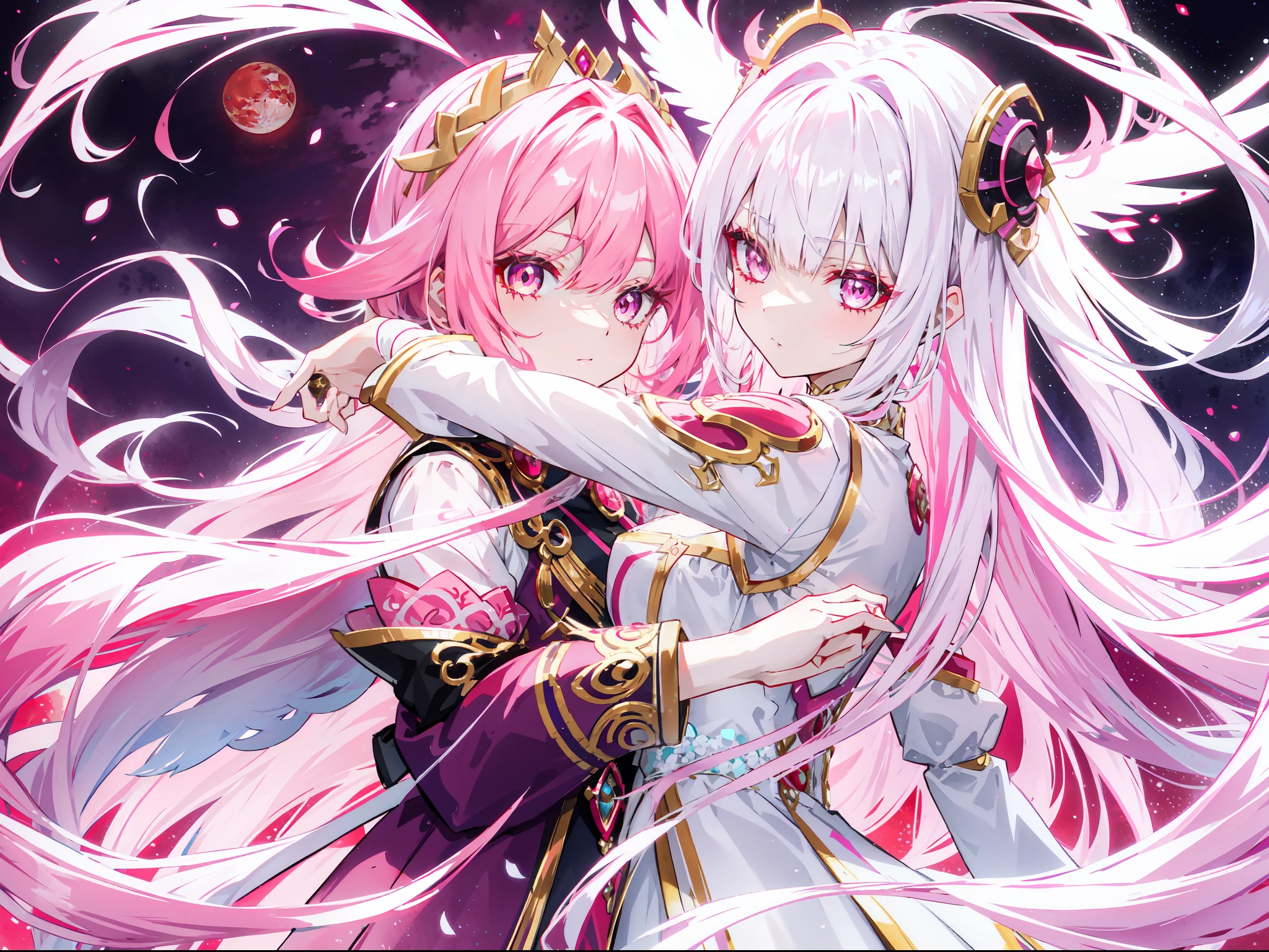 "Generate one mixed haired girl with hair gradation white and pink with exquisite blood moon-shaped accessories adorning her head. One side her eyes are dark purple, but one side is shining gold. She embodies the perfect blend of angelic and devilish qualities."