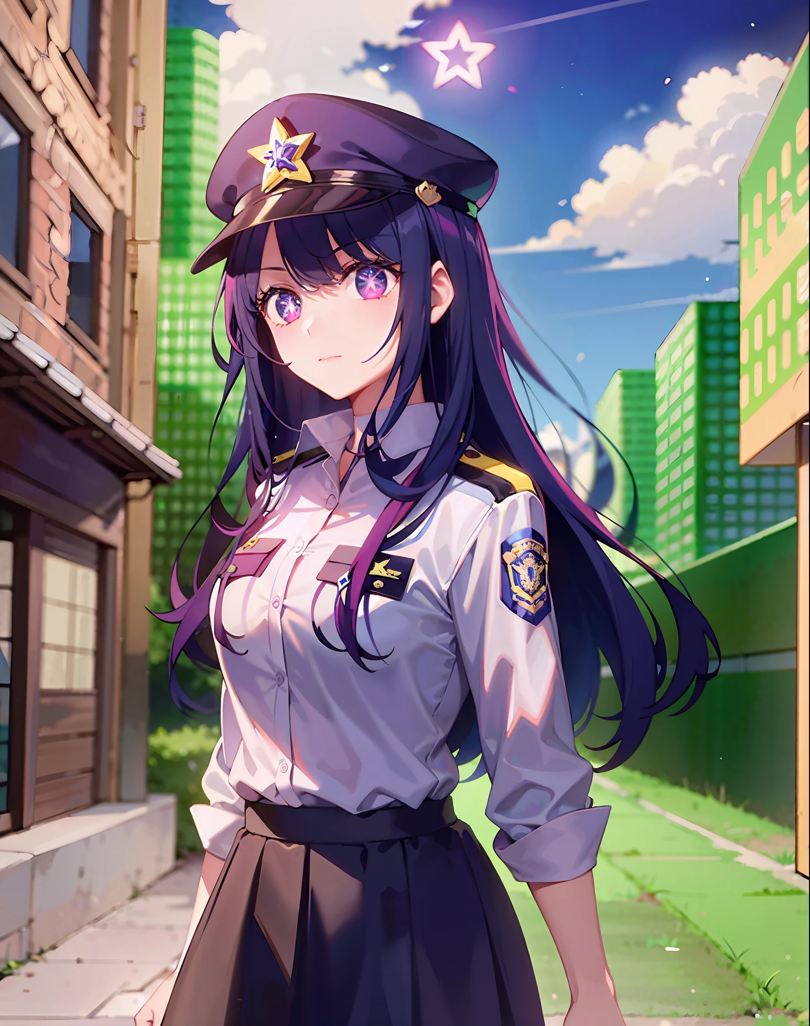 2 girls,((There is a five-pointed star in the eye))Gorgeous Hair in Long Purple,police uniforms,short skirt,Police hat,