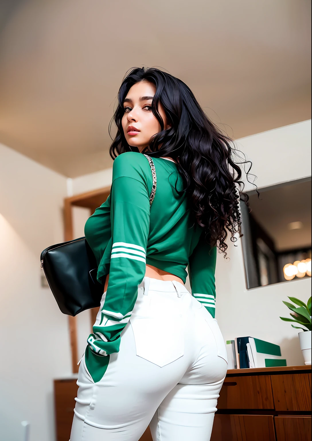 a woman in a white shirt and green pants is playing video game, simple style, wearing elegant casual clothes, muted green, simple clothes, milk and green style, casual clothing style, modern fashion outfit, wearing a fisher , casual modern clothing, inspo, green clothes, green pants, neutral tones, green and white color scheme, casual business outfit, scary face, 22 years old, adult face, long hair, persian ethnic ((black curly hair))