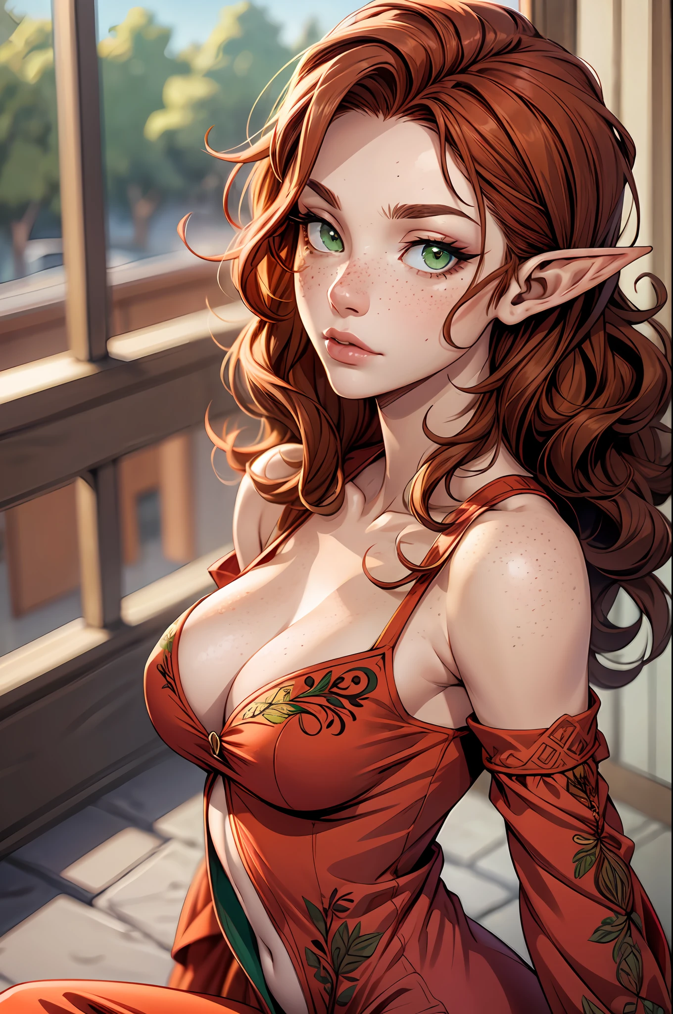 mature elf, Fiery auburn hair, curly hair, freckles, green eyes, medium breasts, red-tinted skin, seductive, staring down at viewer, embroidered dress