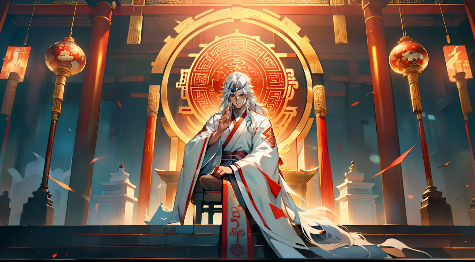 1, (1 person) (boy, (white Hanfu youth), ((Long white hair)), kingly air, gorgeous, handsome, outstanding temperament, sitting on the sacred throne, listening to the system prompt without changing his expression) (Background: inside the sacred and magnificent ancient Chinese imperial palace hall)