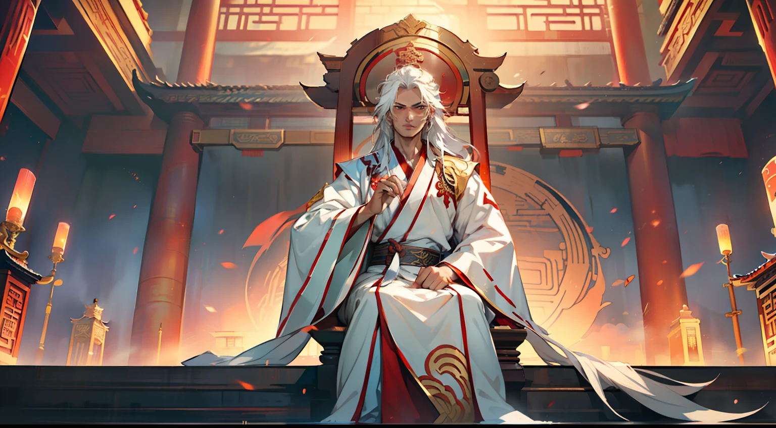 1, (1 person) (boy, (white Hanfu youth), ((Long white hair)), kingly air, gorgeous, handsome, outstanding temperament, sitting on the sacred throne, listening to the system prompt without changing his expression) (Background: inside the sacred and magnificent ancient Chinese imperial palace hall)