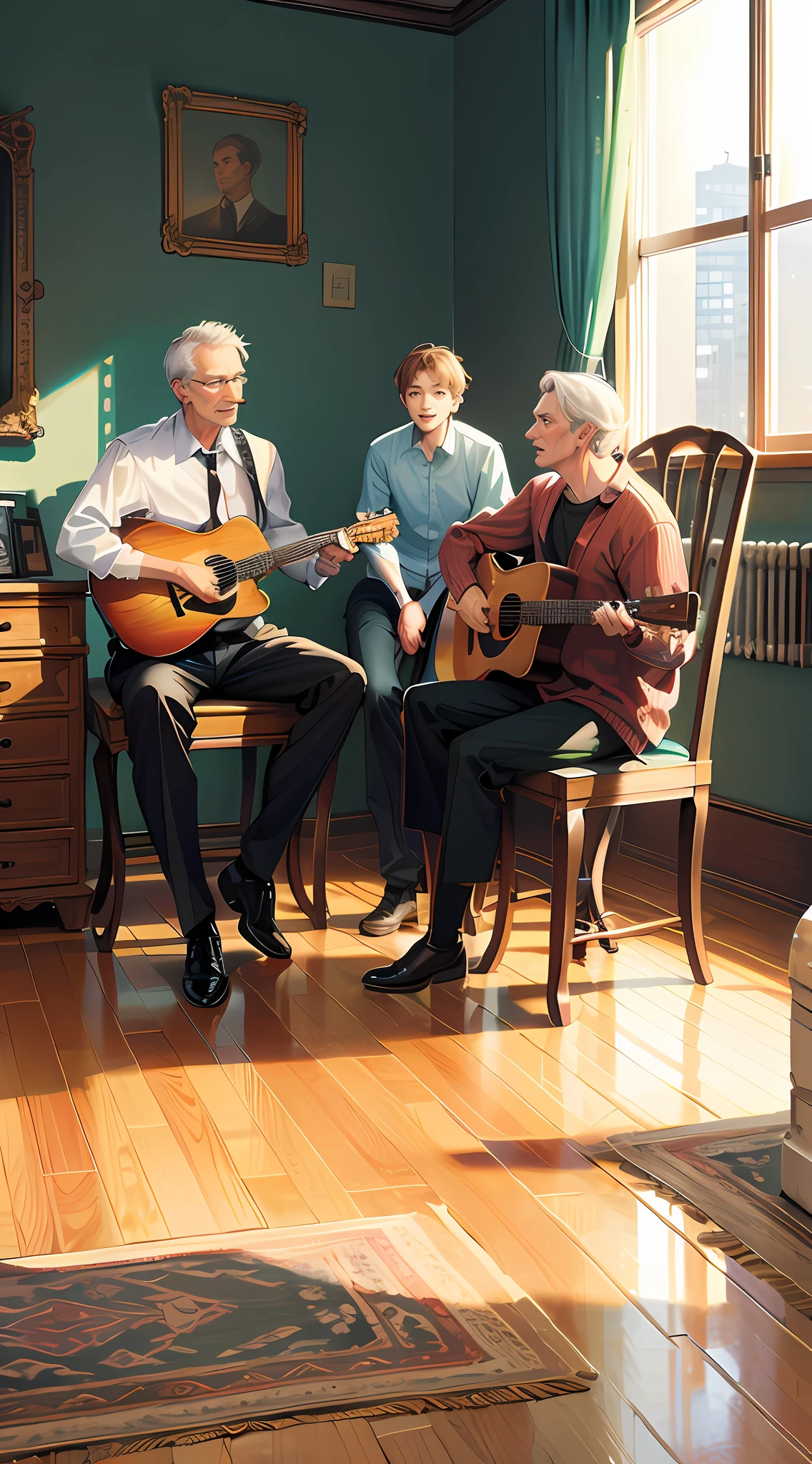 three men sitting on chairs playing guitars in a room, Grandfather is playing Guitar, Father is singing,son is listening