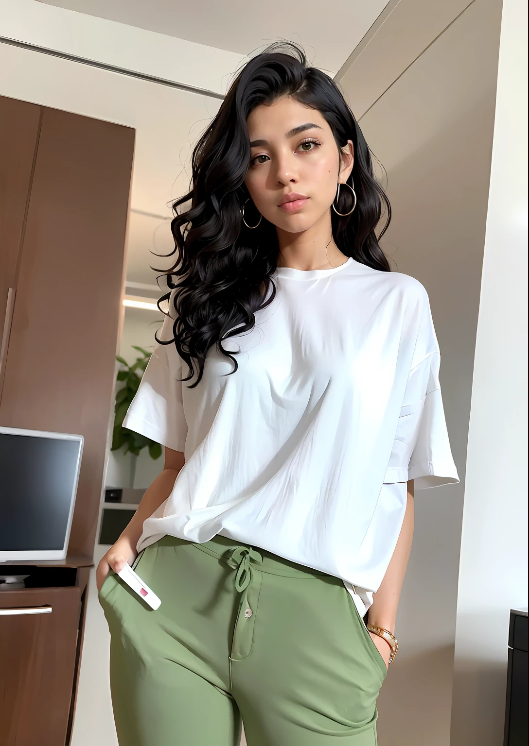 a woman in a white shirt and green pants is playing video game, simple style, wearing elegant casual clothes, muted green, simple clothes, milk and green style, casual clothing style, modern fashion outfit, wearing a fisher , casual modern clothing, inspo, green clothes, green pants, neutral tones, green and white color scheme, casual business outfit, scary face, 22 years old, adult face, long hair, persian ethnic ((black curly hair))