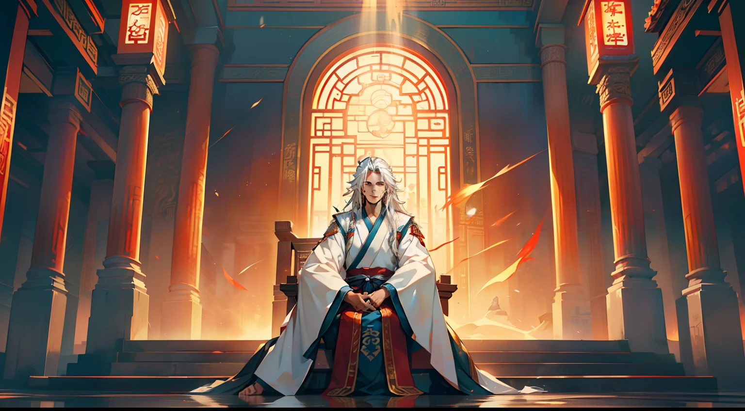 2, (1 person) (boy, (white Hanfu youth), ((Long white hair)), kingly air, gorgeous, handsome, outstanding temperament, sitting on the sacred throne, responding coldly) (Background: inside the sacred and magnificent ancient Chinese imperial palace hall)