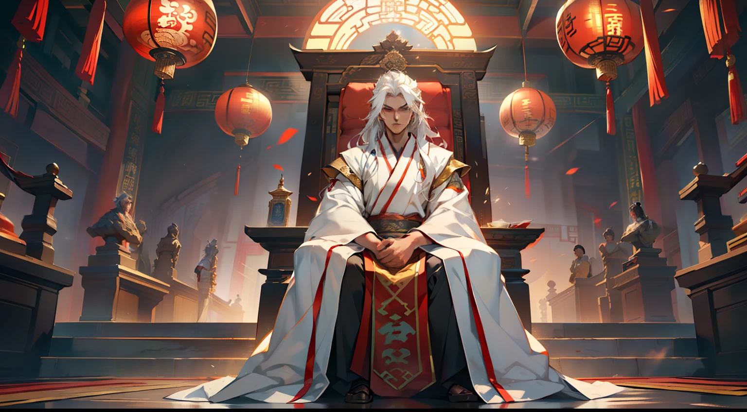 2, (1 person) (boy, (white Hanfu youth), ((Long white hair)), kingly air, gorgeous, handsome, outstanding temperament, sitting on the sacred throne, responding coldly) (Background: inside the sacred and magnificent ancient Chinese imperial palace hall)