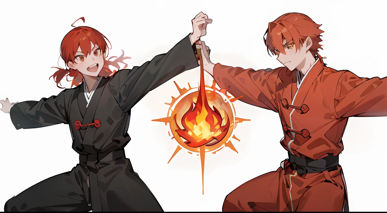 Anime characters dressed in red and black are fighting each other, anime fight, Fire punch, fire force, anime style like fate/stay night, flame spell, Fire fighting, 2 0 2 2 anime style, 2022 anime style, wielding a fireball, Fire and fire, casting a fire spell, Fire!! full bodyesbian, flaming katana