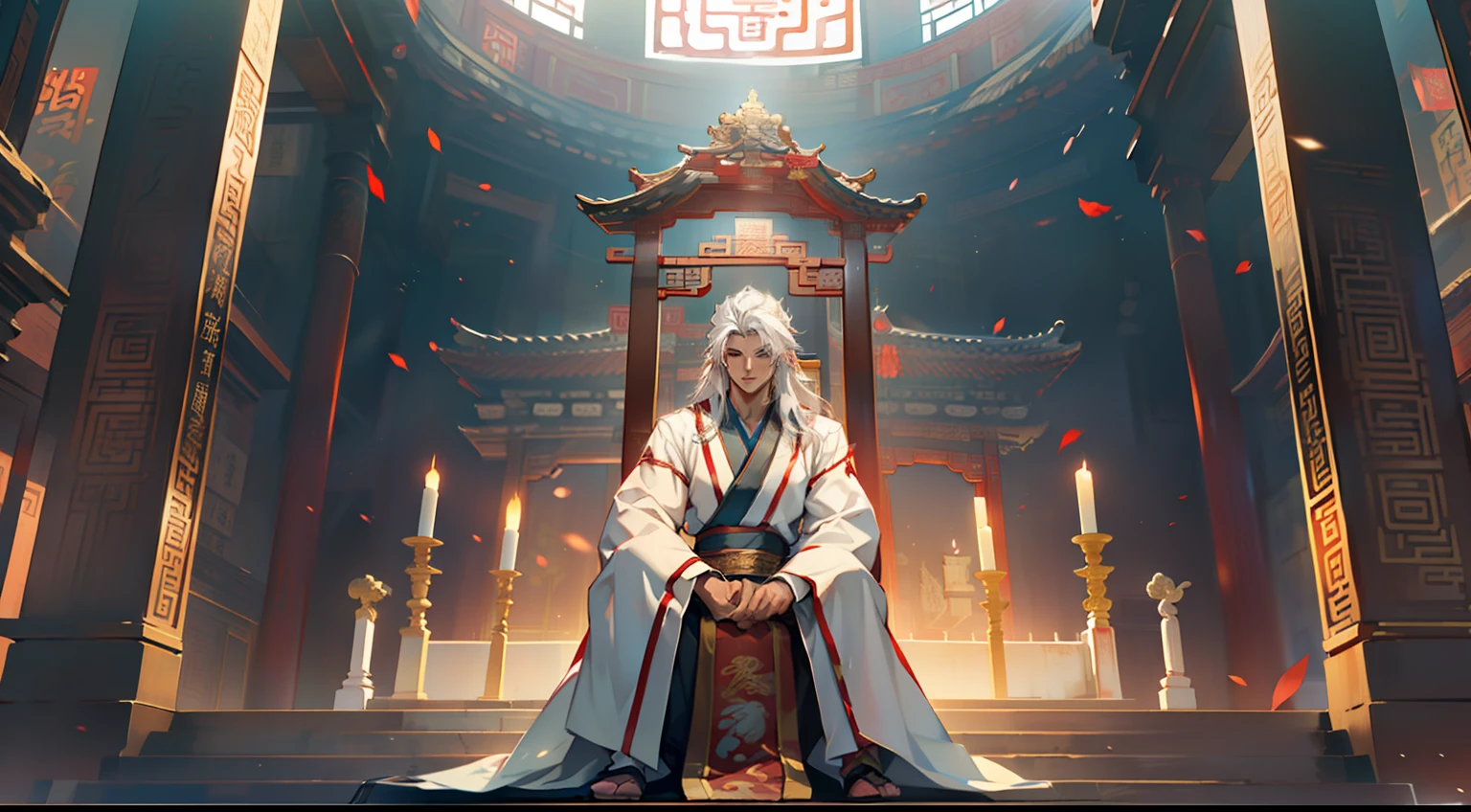 2, (1 person) (boy, (white Hanfu youth), ((Long white hair)), kingly air, gorgeous, handsome, outstanding temperament, sitting on the sacred throne, responding coldly) (Background: inside the sacred and magnificent ancient Chinese imperial palace hall)
