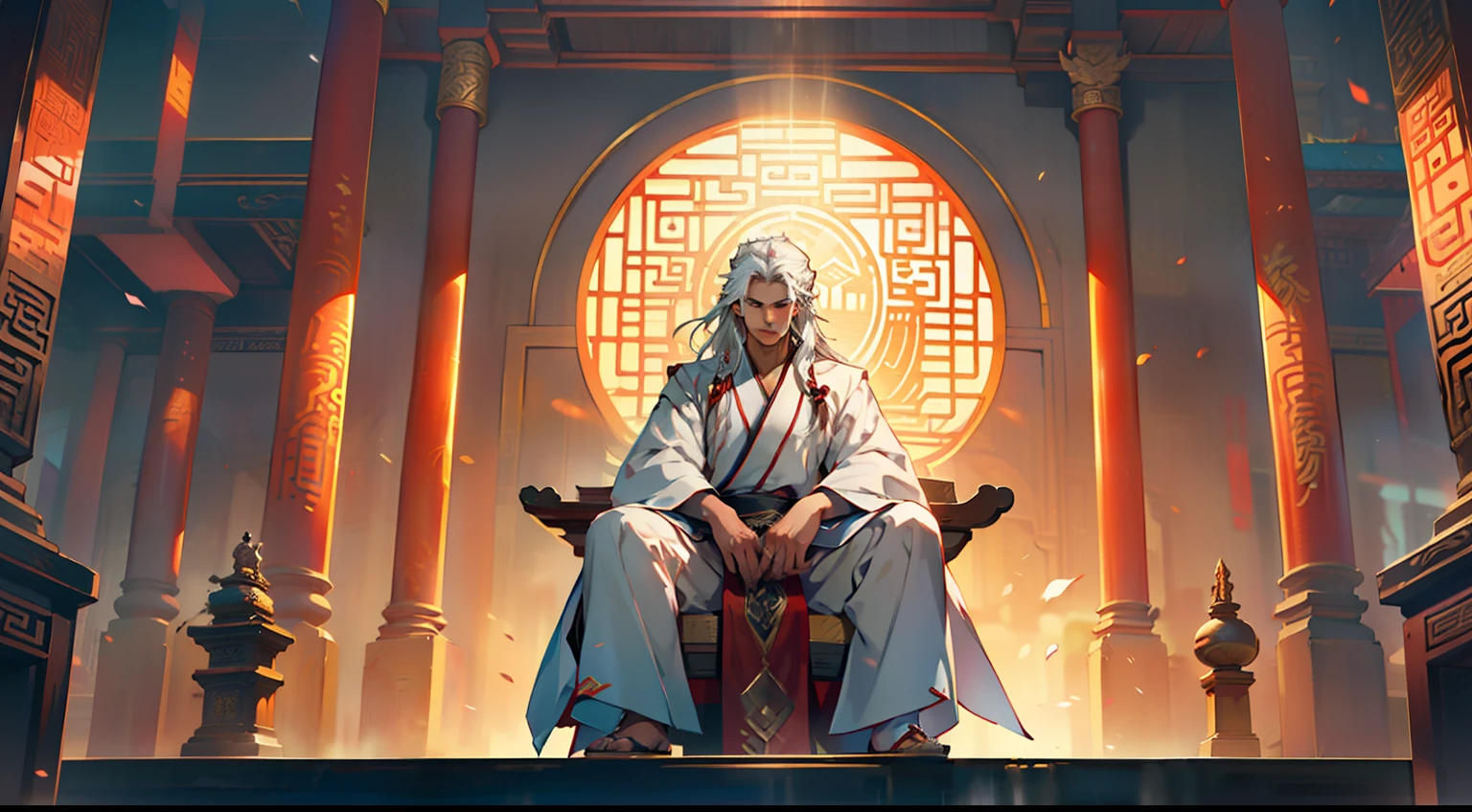 2, (1 person) (boy, (white Hanfu youth), ((Long white hair)), kingly air, gorgeous, handsome, outstanding temperament, sitting on the sacred throne, responding coldly) (Background: inside the sacred and magnificent ancient Chinese imperial palace hall)