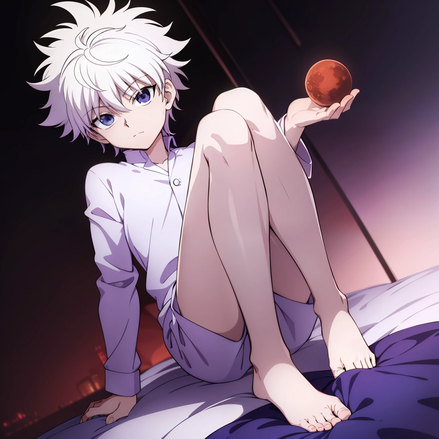 masterpiece, best quality, high quality, 1boy, solo, male focus, looking at viewer, full body, killua_zoldyck, background blood moon, wearing satin pajamas shorts, the material of satin pajamas is shiny, soft and smooth to the touch, no underwear,bulge,magic effect, complex light