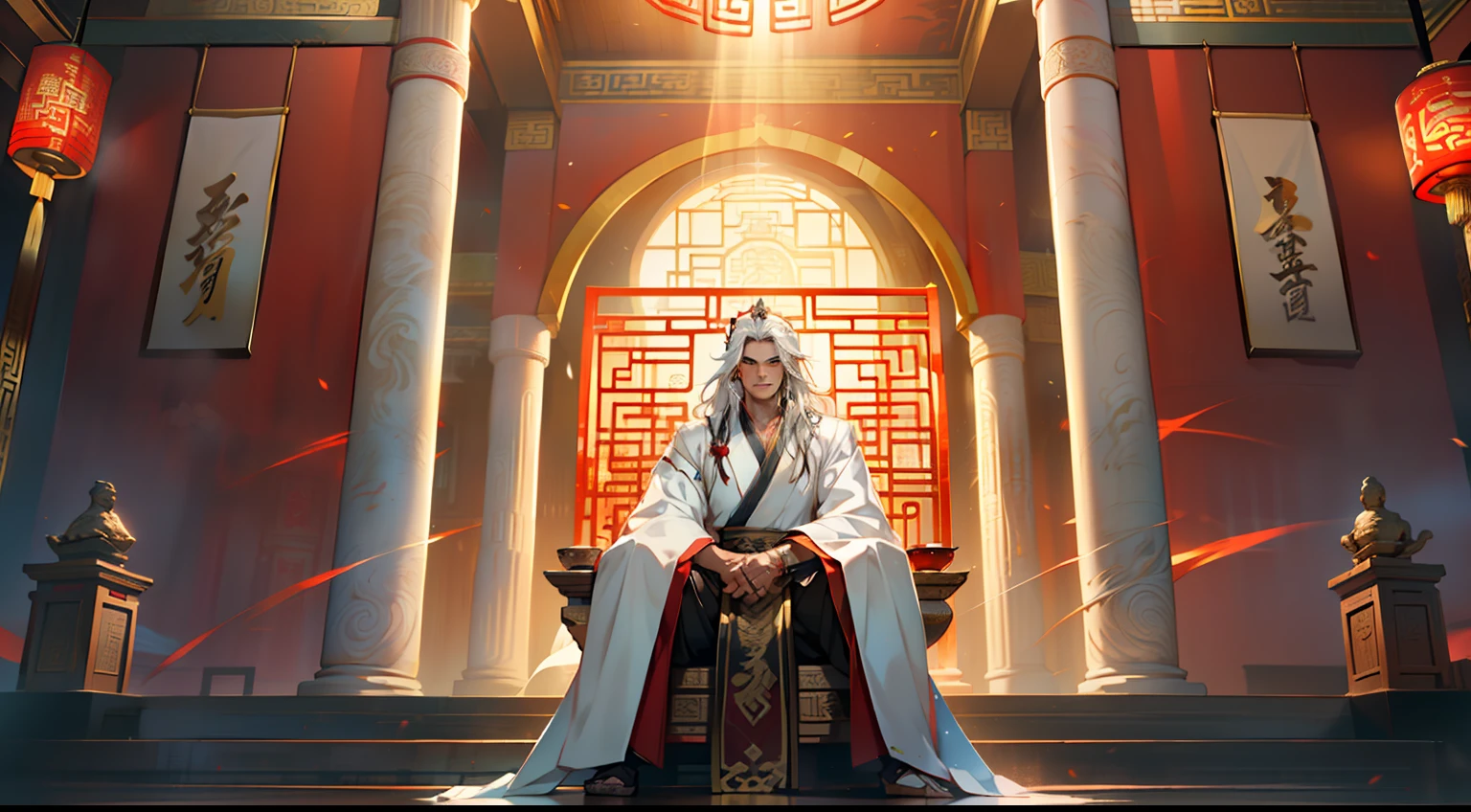 3, (1 person) (boy, (white Hanfu youth), ((Long white hair)), kingly air, gorgeous, handsome, outstanding temperament, sitting on the sacred throne, threatening) (Background: inside the sacred and magnificent ancient Chinese imperial palace hall)