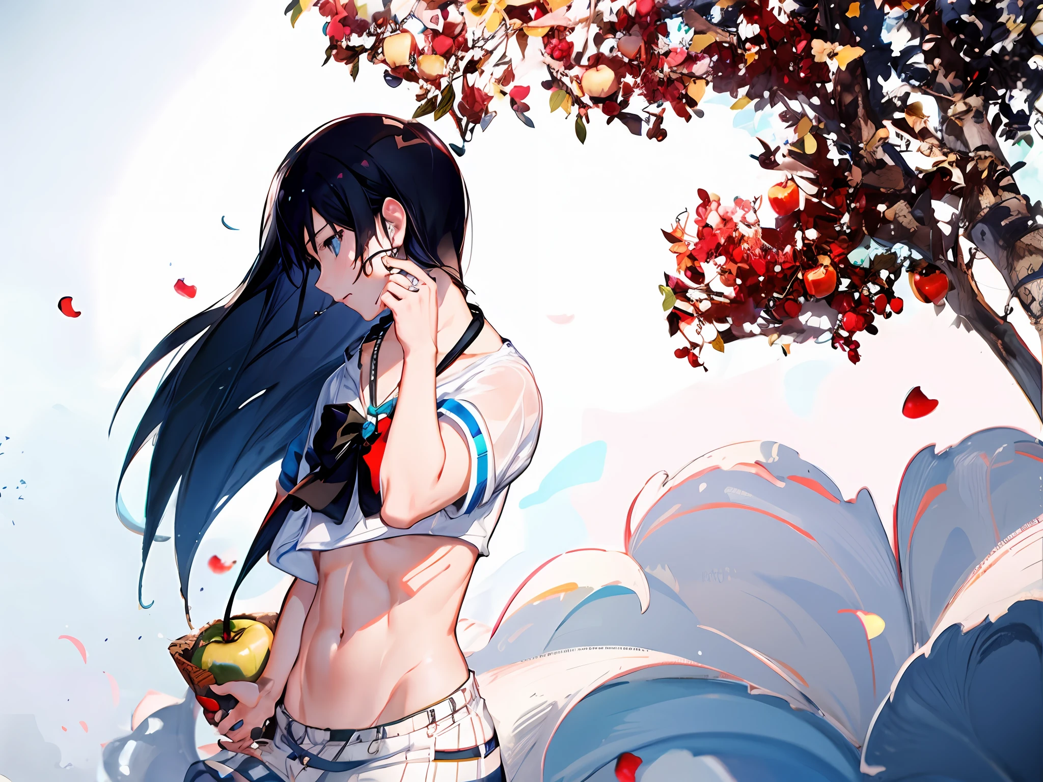 1boy, apple, bag, bangs, berry, black hair, black shirt, blue eyes, hair between eyes, jewelry, leaf,kitsune mask, male focus, necklace, pants, shirt, solo, watch, white skirt, wristwatch, messy hair, trending on artstation, 8k resolution, highly detailed, anatomically correct, sharp image, digital painting, concept art, trending on pixiv, style of makoto shinkai, curvy, sea