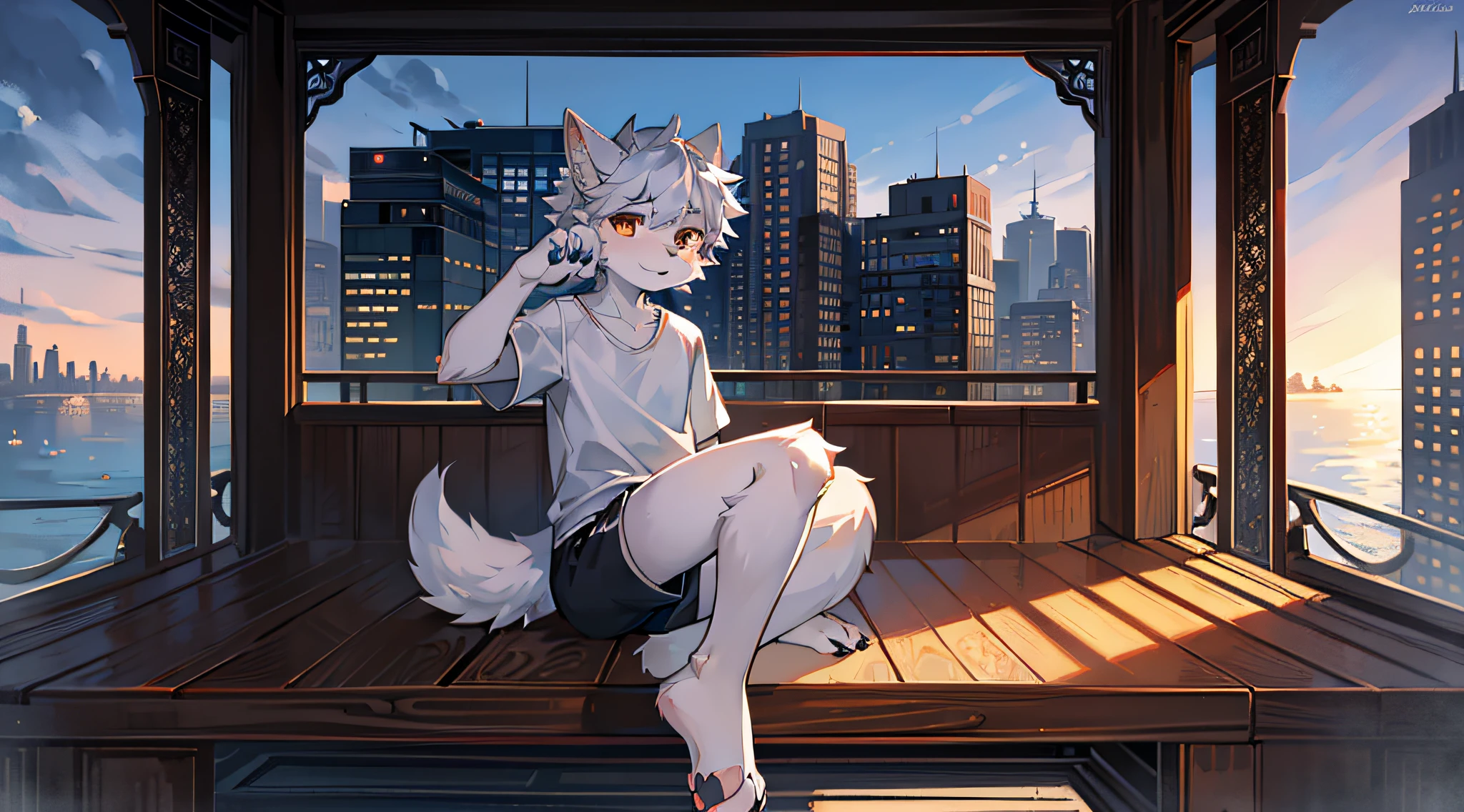masterpiece, high quality, half body diagram,1boy,furry,white wolf, cute face, body fur, brown eyes, black nail, wolf paws, white shirt, dark blue shorts,slippers,in viewing deck,noon,cities,sea,building,look into the distance, solo