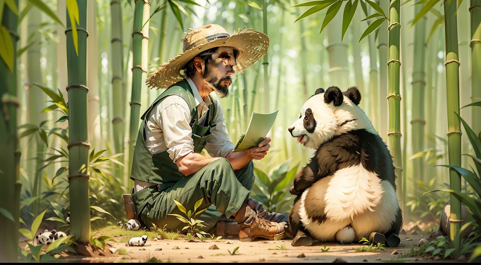 Farmer man sitting on the grass with a panda in front of him in a bamboo forest