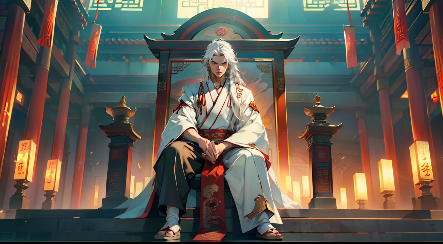 3, (1 person) (boy, (white Hanfu youth), ((Long white hair)), kingly air, gorgeous, handsome, outstanding temperament, sitting on the sacred throne, threatening) (Background: inside the sacred and magnificent ancient Chinese imperial palace hall)