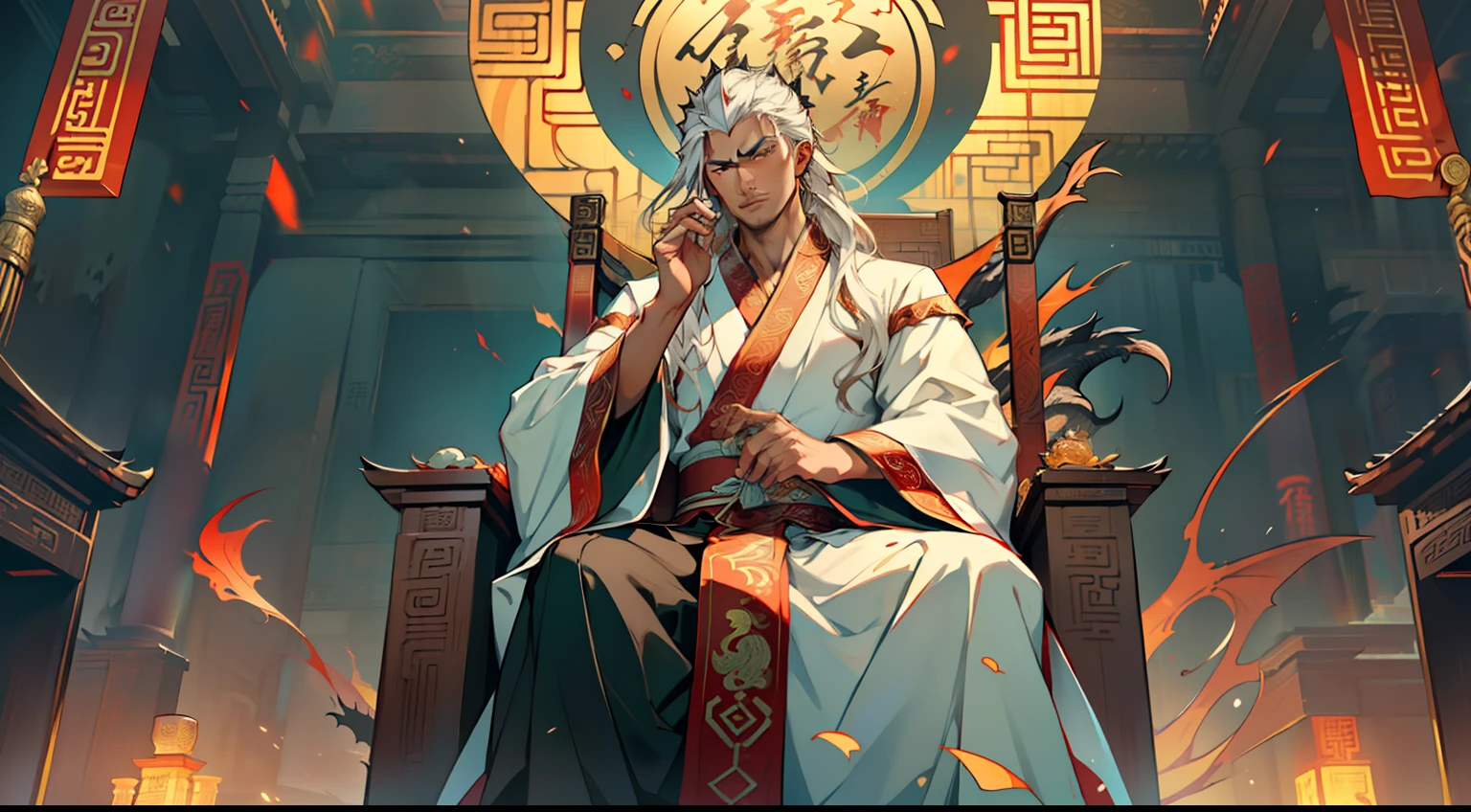 4, (2 people) (boy, (white Hanfu youth), ((Long white hair)), kingly air, gorgeous, handsome, outstanding temperament, sitting on the sacred throne, with two coiling black dragons in his hands, looking down from a high position, black dragons, giant dragons) (Background: inside the sacred and magnificent ancient Chinese imperial palace hall)
