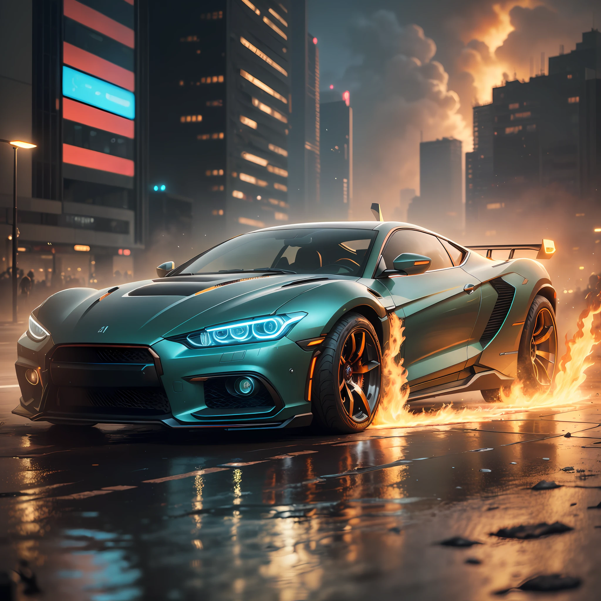 ((cyberpunk futuristic car on fire)) ((Realistic Lighting, Best Quality, 8K, Masterpiece:1.3)) Focus:1.2,Carved Abs:1.1, (Outdoor, Waterfront:1.1), City Street,