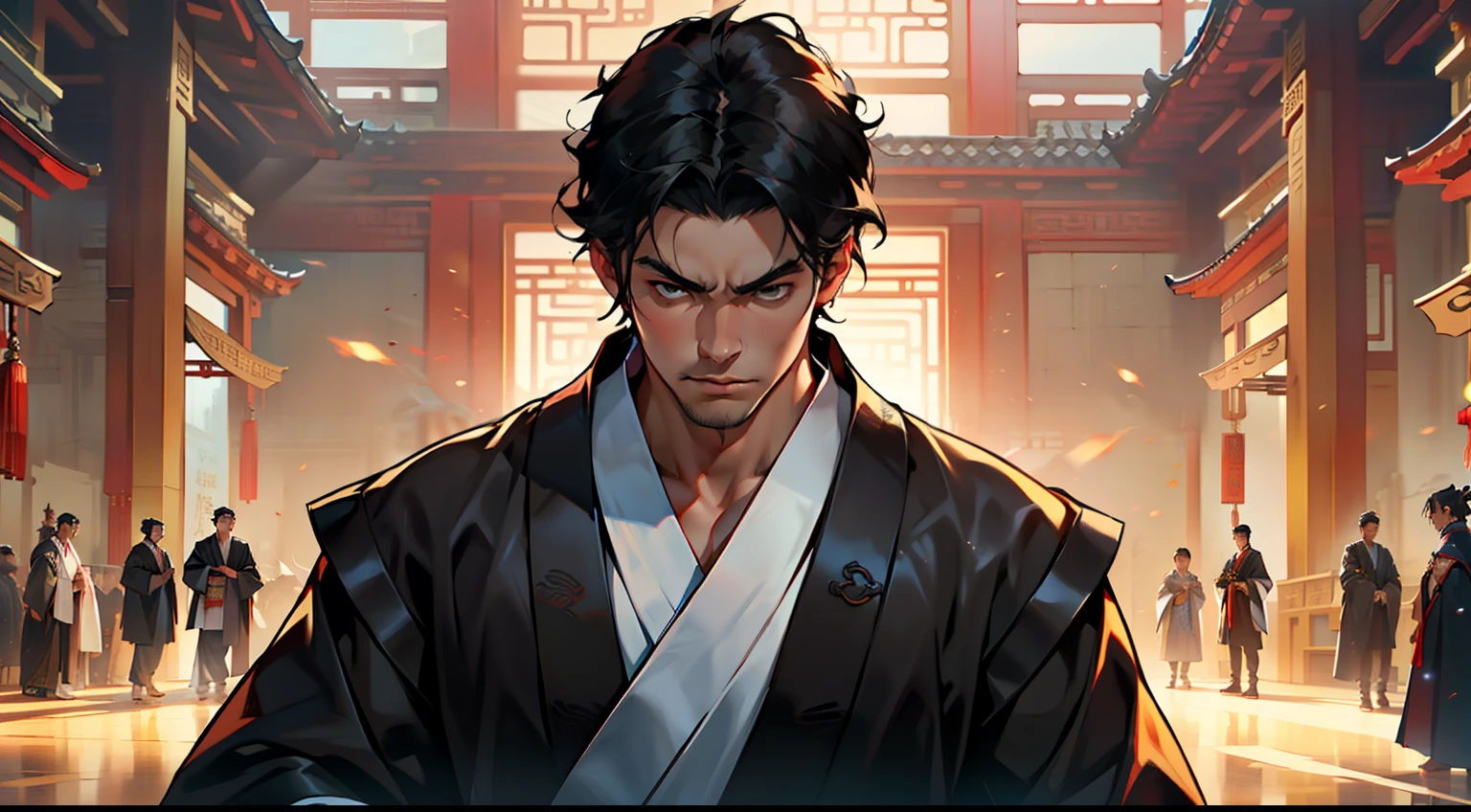 5, (1 person) (boy, (Black coat), (Black Hanfu youth), (Black hair), kingly air, gorgeous, handsome, outstanding temperament, face changes dramatically, swings his knife) (Background: inside the sacred and magnificent ancient Chinese imperial palace hall)