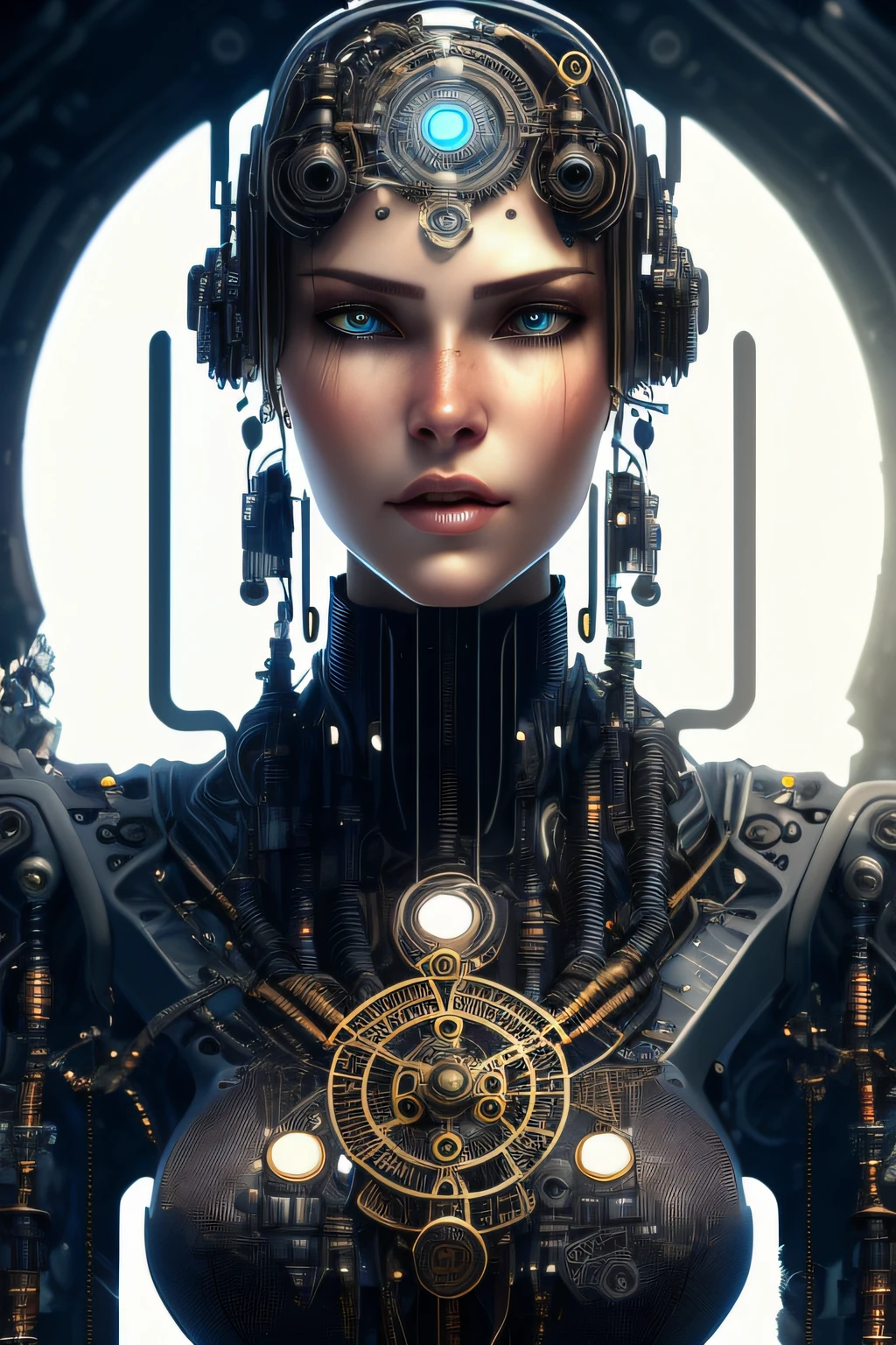 full body cyborg| full-length portrait| detailed face| symmetric| steampunk| cyberpunk| cyborg| intricate detailed| to scale| hyperrealistic| cinematic lighting| digital art| concept art| mdjrny-v4 style
