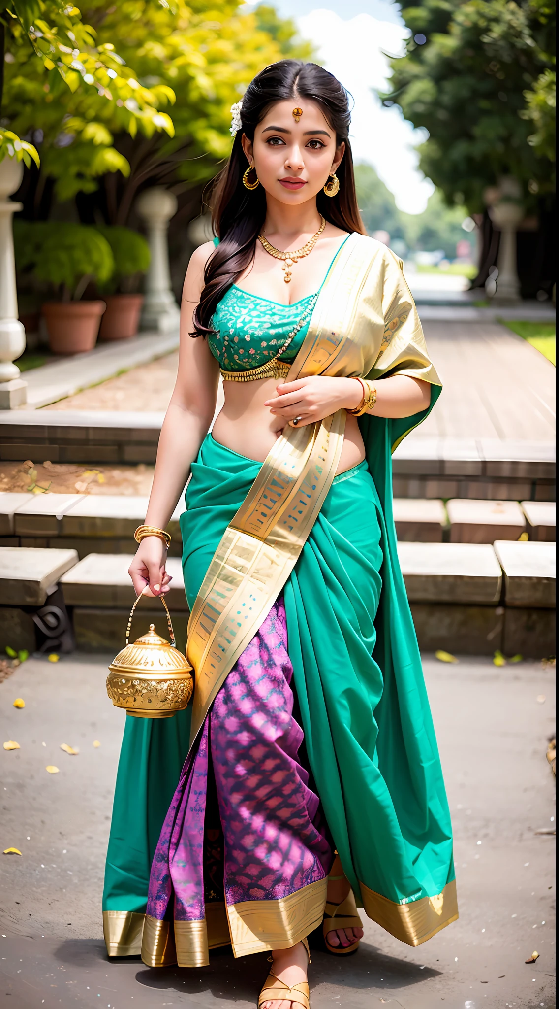wear green designer printed Saree and blouse, a bindi on the center of the forehead, green saree and green blouse, full body covered in clothes, Indian temples in background, flower basket, very well dressed, going to temple for prayers, golden heavy jewellery, very beautiful 25 year old indian girl, full body photo, holding Puja plate with Puja items for lord Shiva, lord Shiva temple in background, jewelry, gem, necklace, necklace set, tika, vermilion, nathiya, ear rings, mangalsutra, golden haar, gold bracelet, anklets, thick lips, holding flower basket for Puja in hand, skindentation, parted lips, full body photo from front, beautiful face, beautiful body, (detailed eyes), ulzzang-6500-v1.1, thick eyelashes, long eyelashes, random hair style, broad light, backlighting, bloom, light sparkles, chromatic aberration, sharp focus, Nikon Z 85mm, unparalleled masterpiece, ultra-realistic 8k photos, best quality masterpiece, best quality, (photorealistic:1.2), (realistic:1.5), (hyperrealistic:1.2),(photorealistic face:1.2)