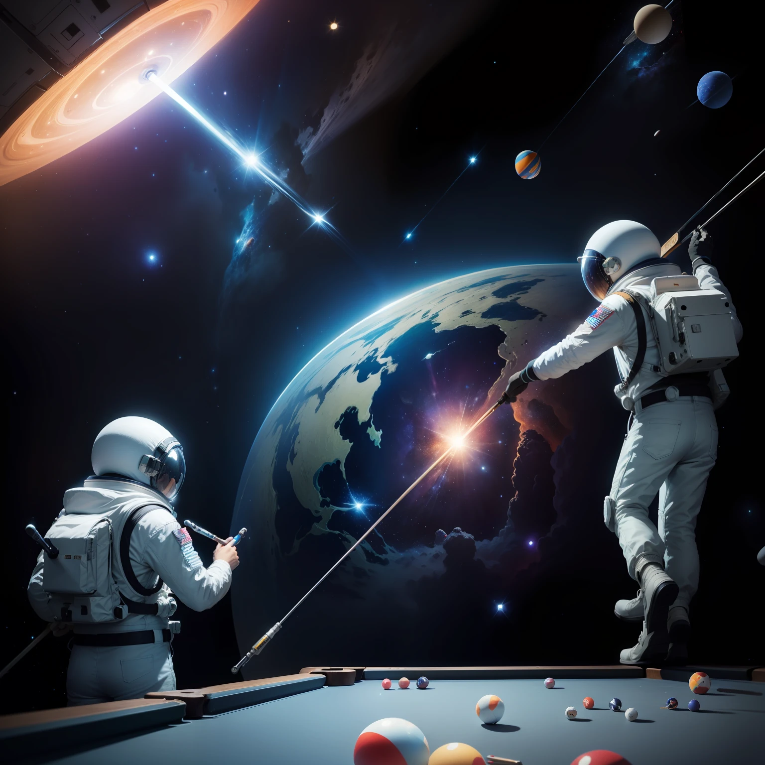 Draw space-themed murals with billiards and astronauts, space themed, space graphics art in background,cosmic space, hand painted cartoon art style, mural art, outerspace, space backdrop, space galaxy, spacewalk, Space art, In space, Wall painting, space walk scene, Space scene,