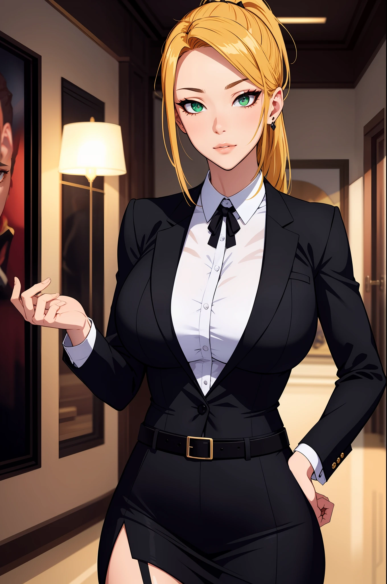 （tmasterpiece，A high resolution，best qualtiy：1.2），8K，highly  detailed，复杂，rich colourful，vibrant image，Clear focus，cinematic ligh） blond hairbl，long whitr hair，Green eyes，body builder （Wear black business attire，black_Collared shirt cropped jacket，tiese，tiese，Black frilled skirt，a garter belt，Leather belt） （Large, Perfect round breasts，Hourglass body，Big breasts Thin waist，Very thin waist， photograph realistic，（hyper realisitc：1）big breasts beautiful， tmasterpiece，Best quality at best，extremelydetailedface，s the perfect face，beauitful face，Perfect lighting，Detailed eye makeup，Details of the face，Nice detail eyes，pretty hand，perfect hand，glowing light eyes（realistic pupil，Realistic iris：1）Heavy eye makeup，（empty Casino）（Posing dynamically）High ponytail