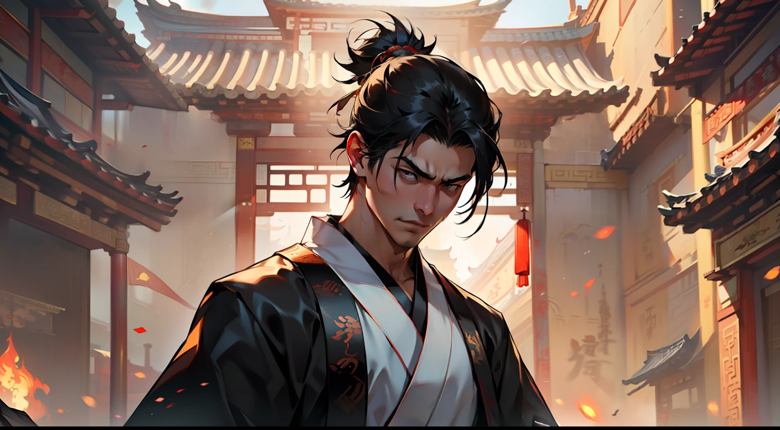 5, (1 person) (boy, (Black coat), (Black Hanfu youth), (Black hair), kingly air, gorgeous, handsome, outstanding temperament, face changes dramatically, swings his knife) (Background: inside the sacred and magnificent ancient Chinese imperial palace hall)